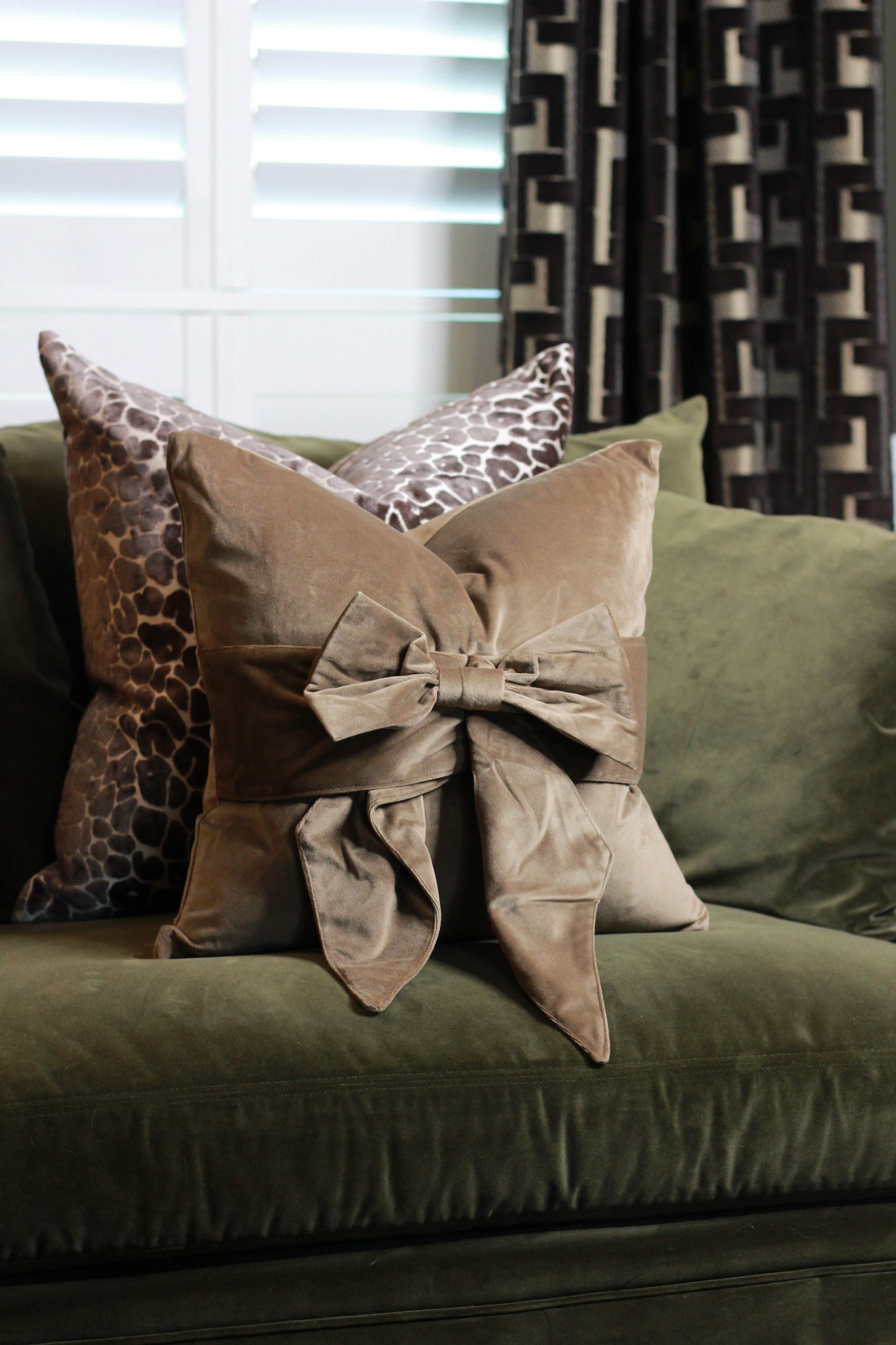Brown Taupe Bow Velvet Cushion