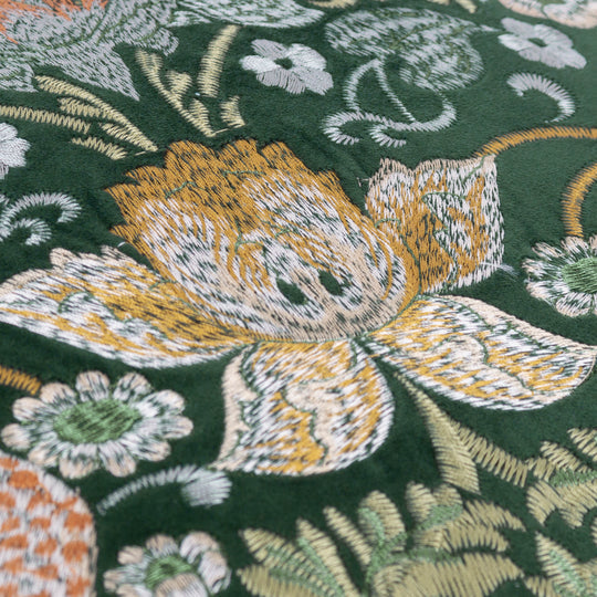 Morris & Co - Strawberry Thief Velvet Embroidered Cushion - Forest Green