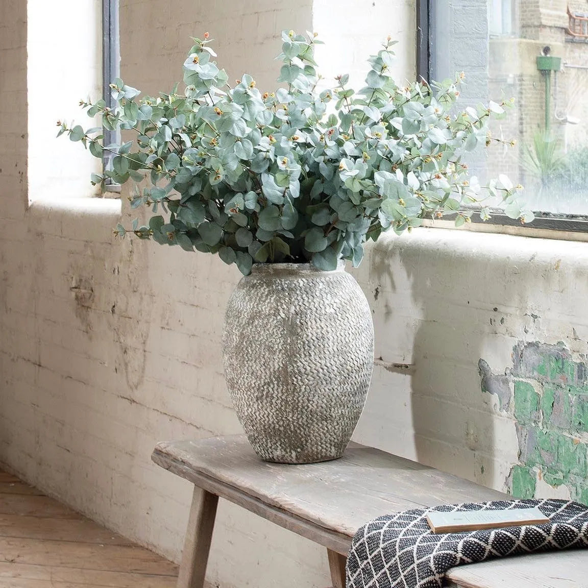 Stone, textured, vase, neutral, eucalyptus, green, stems