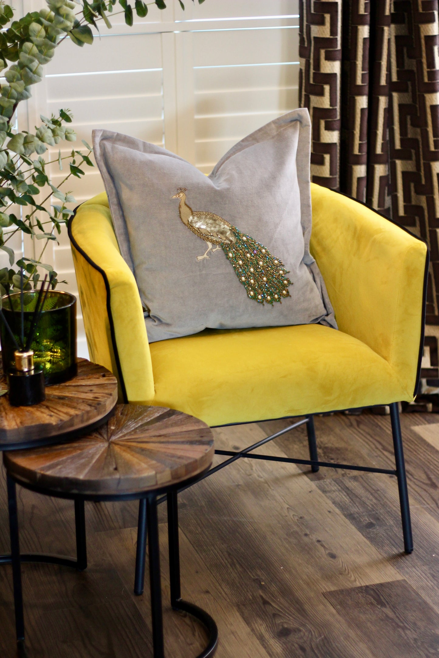 Luxe Peacock Embellished Cushion - Steel