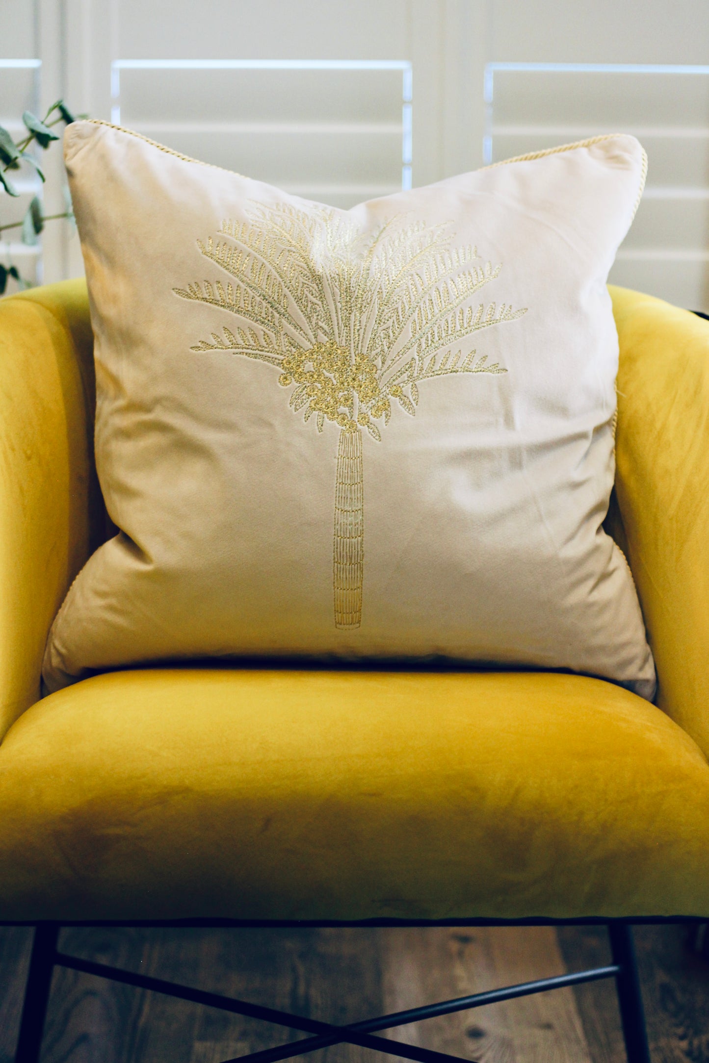 Oasis Palm Embroidered Velvet Cushion - Ivory