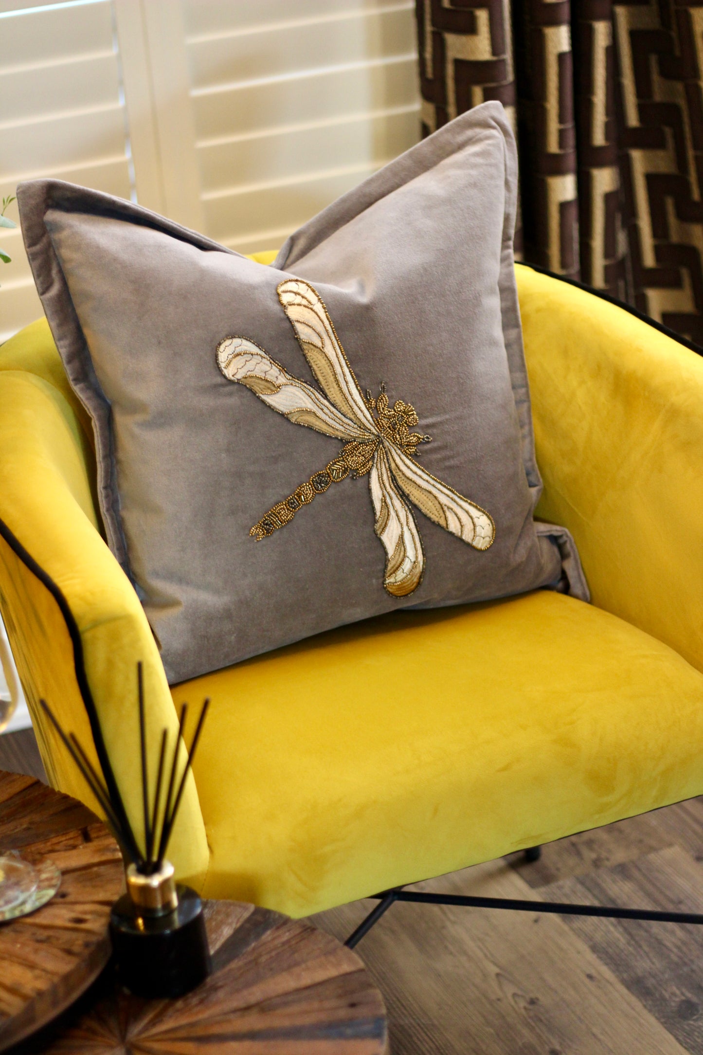 Luxe Dragon Fly Embellished Cushion - Grey