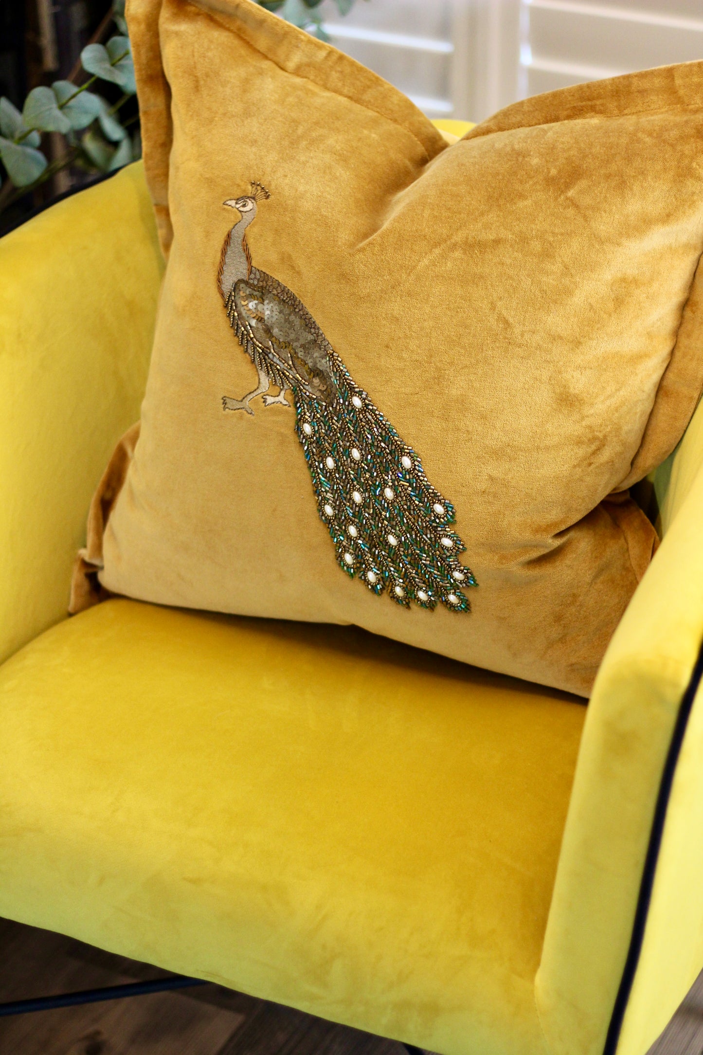 Luxe Peacock Embellished Cushion - Mustard