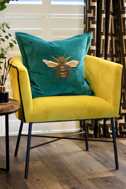 Luxe Bee Embellished Cushion – Teal styled view – Leya Buster Interiors