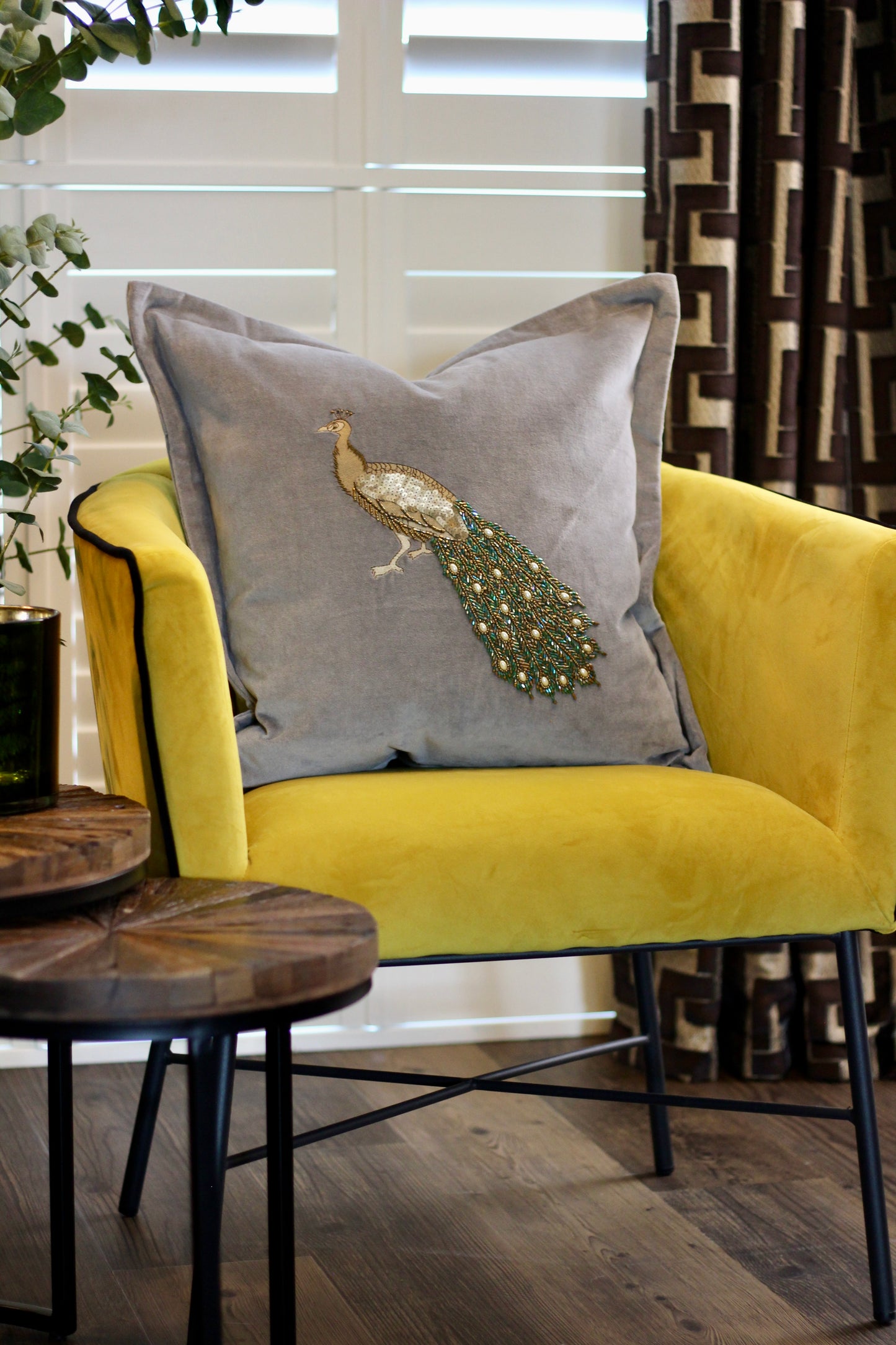 Luxe Peacock Embellished Cushion - Steel