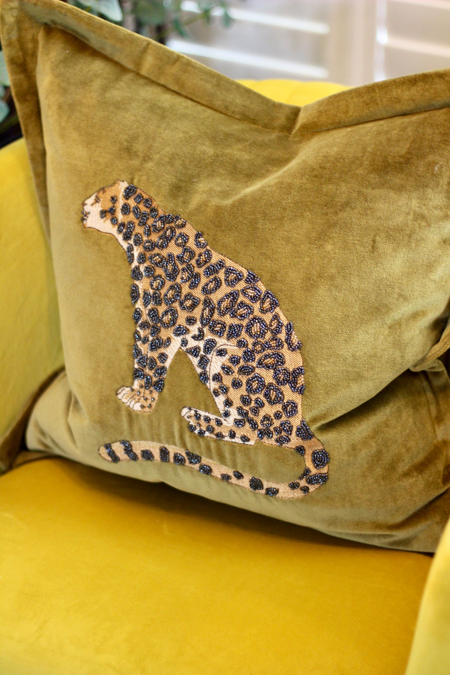 Luxe Leopard Embellished Cushion - Olive