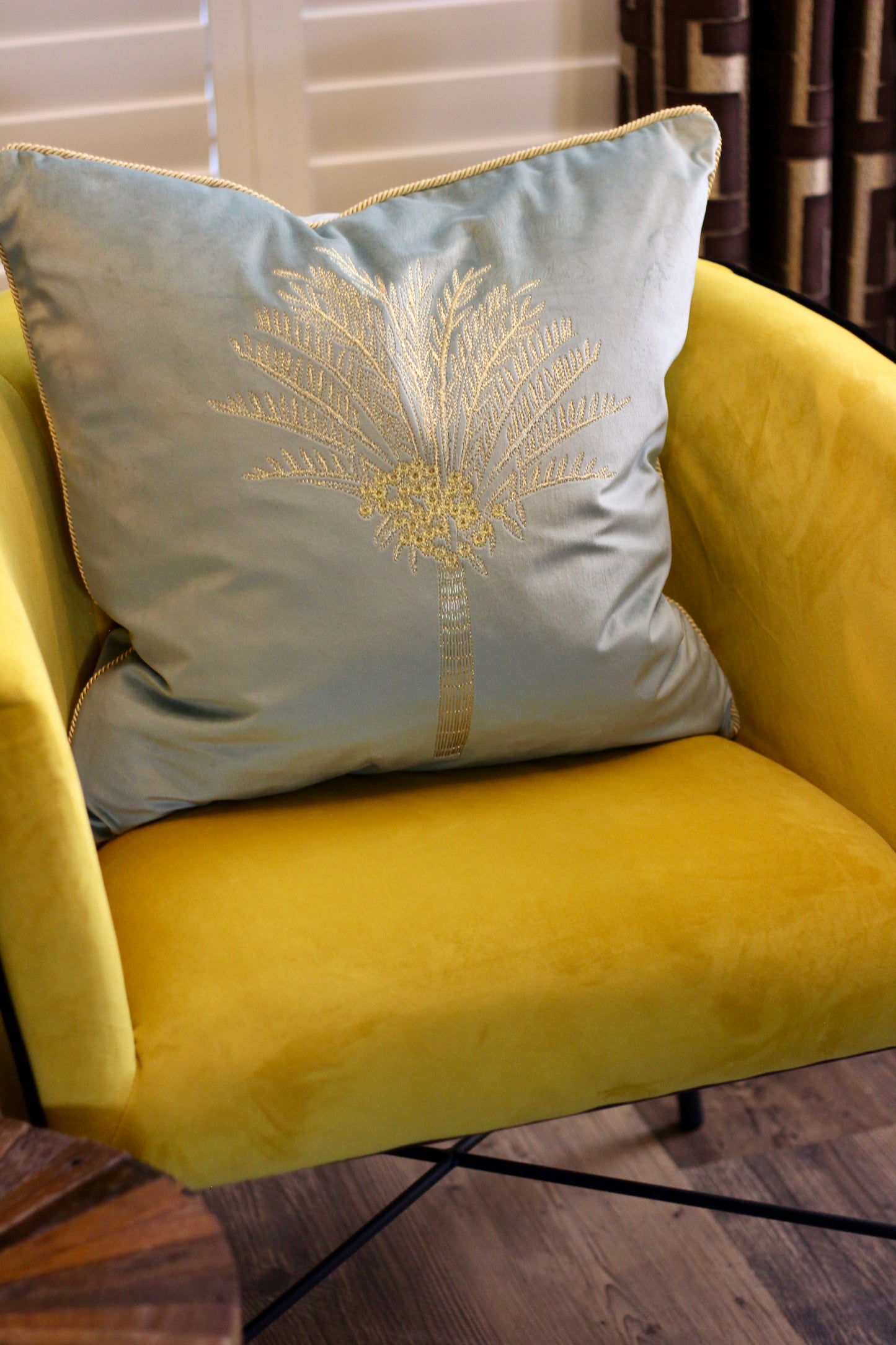 Oasis Palm Embroidered Velvet Cushion - Mineral