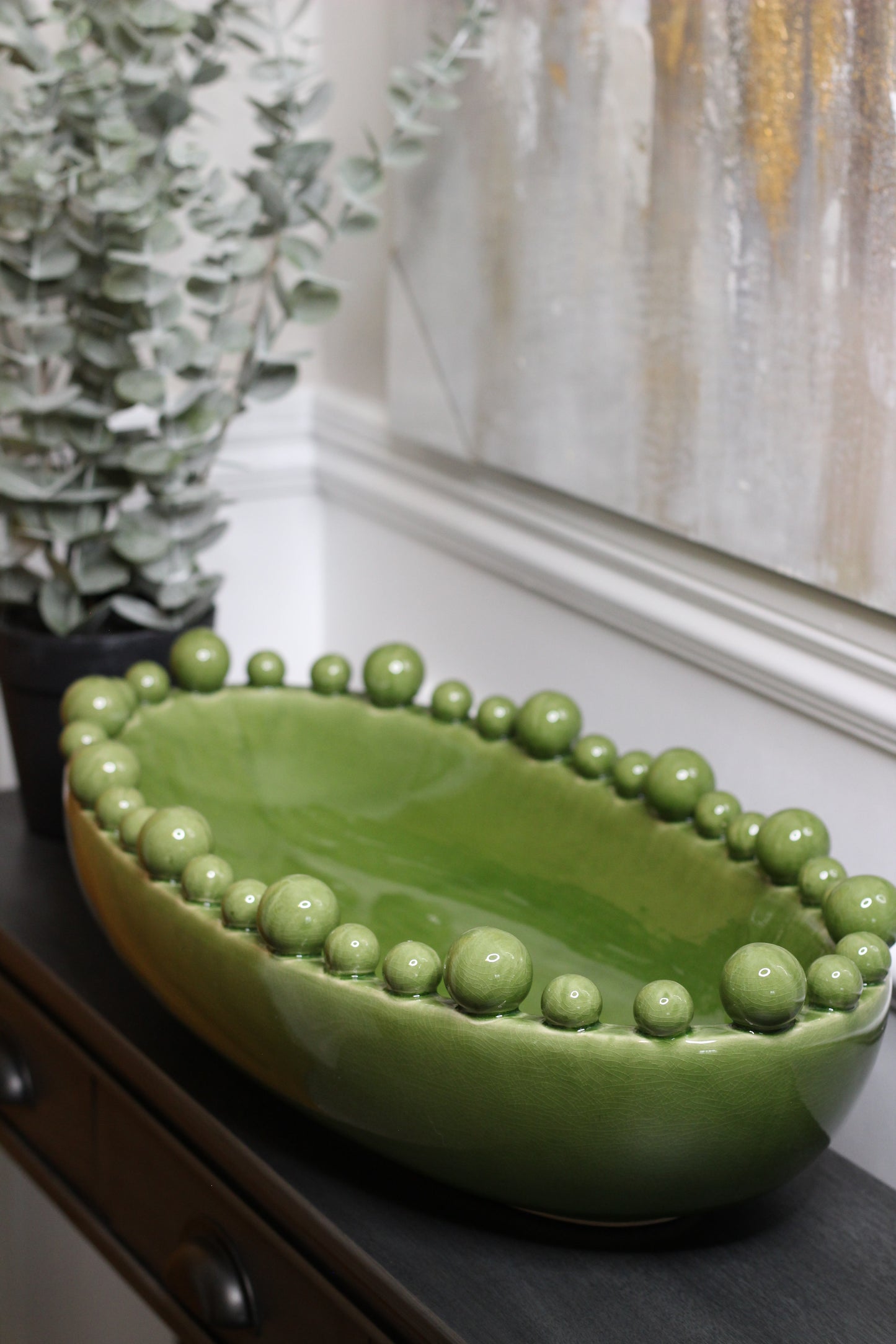 Green Oval Bowl With Bobbled Edge