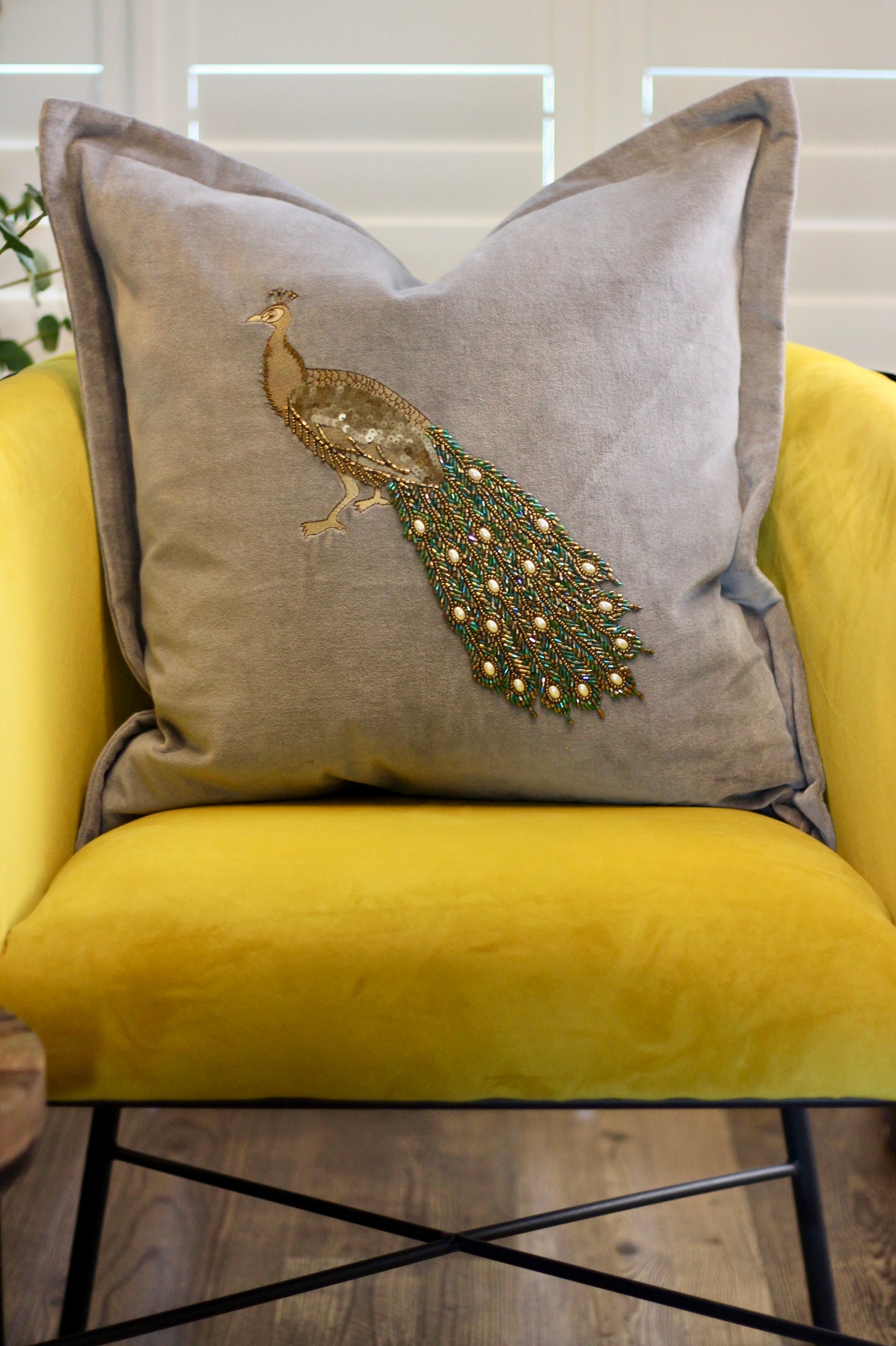 Luxe Peacock Embellished Cushion - Steel