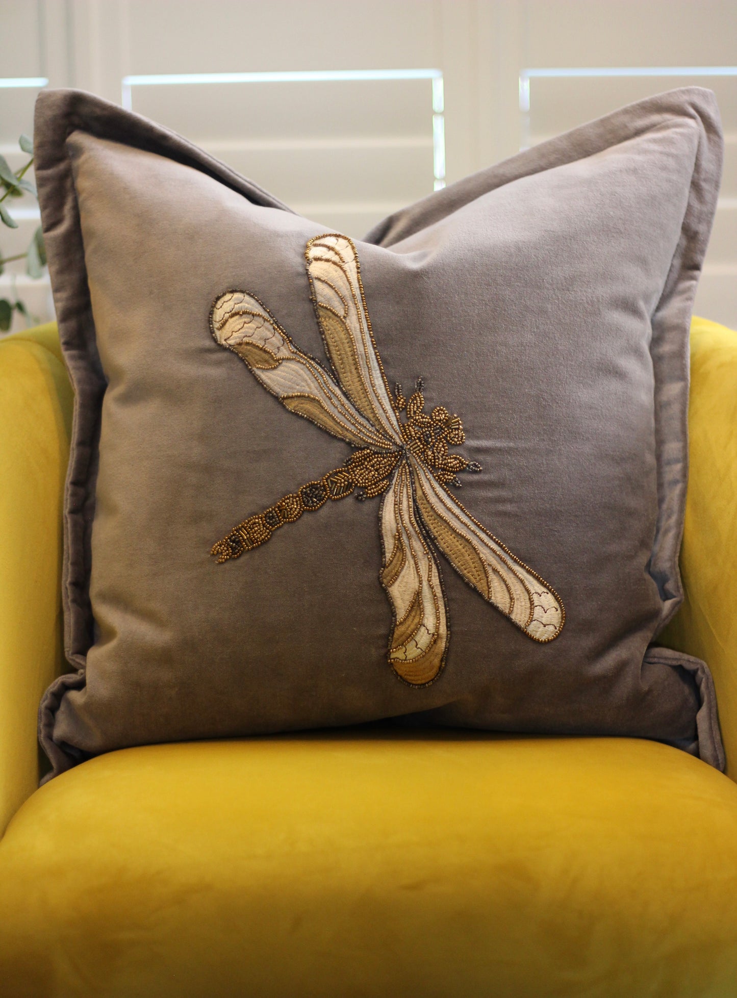 Luxe Dragon Fly Embellished Cushion - Grey