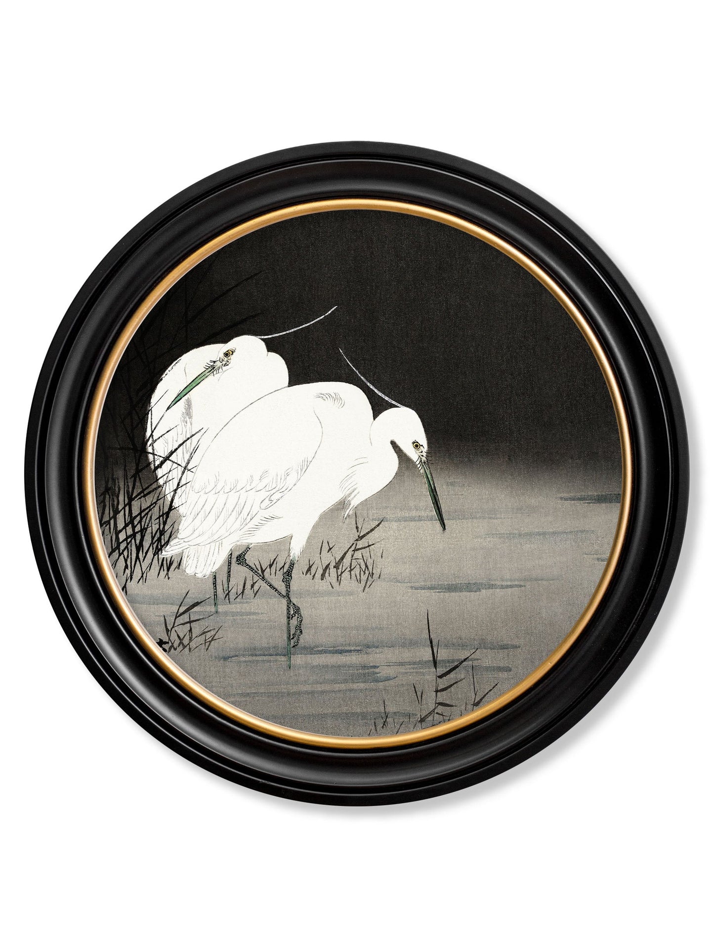 c.1910 Two Egrets in Reeds – Ohara Koson – Round detail – Leya Buster Interiors
