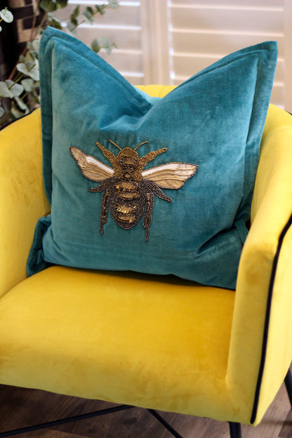 Luxe Bee Embellished Cushion – Teal styled view – Leya Buster Interiors
