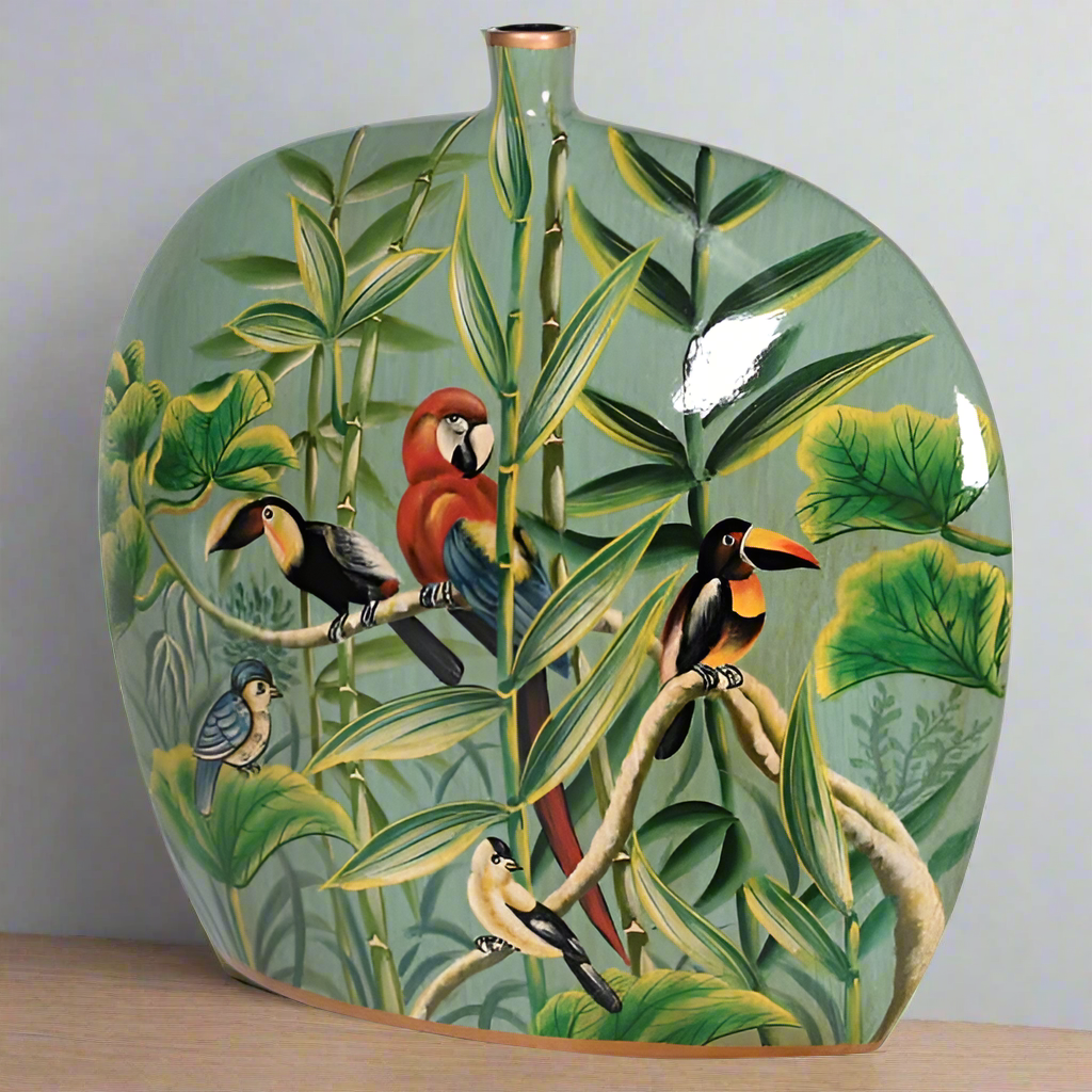 Hand Painted Tropical Birds In Paradise Vase