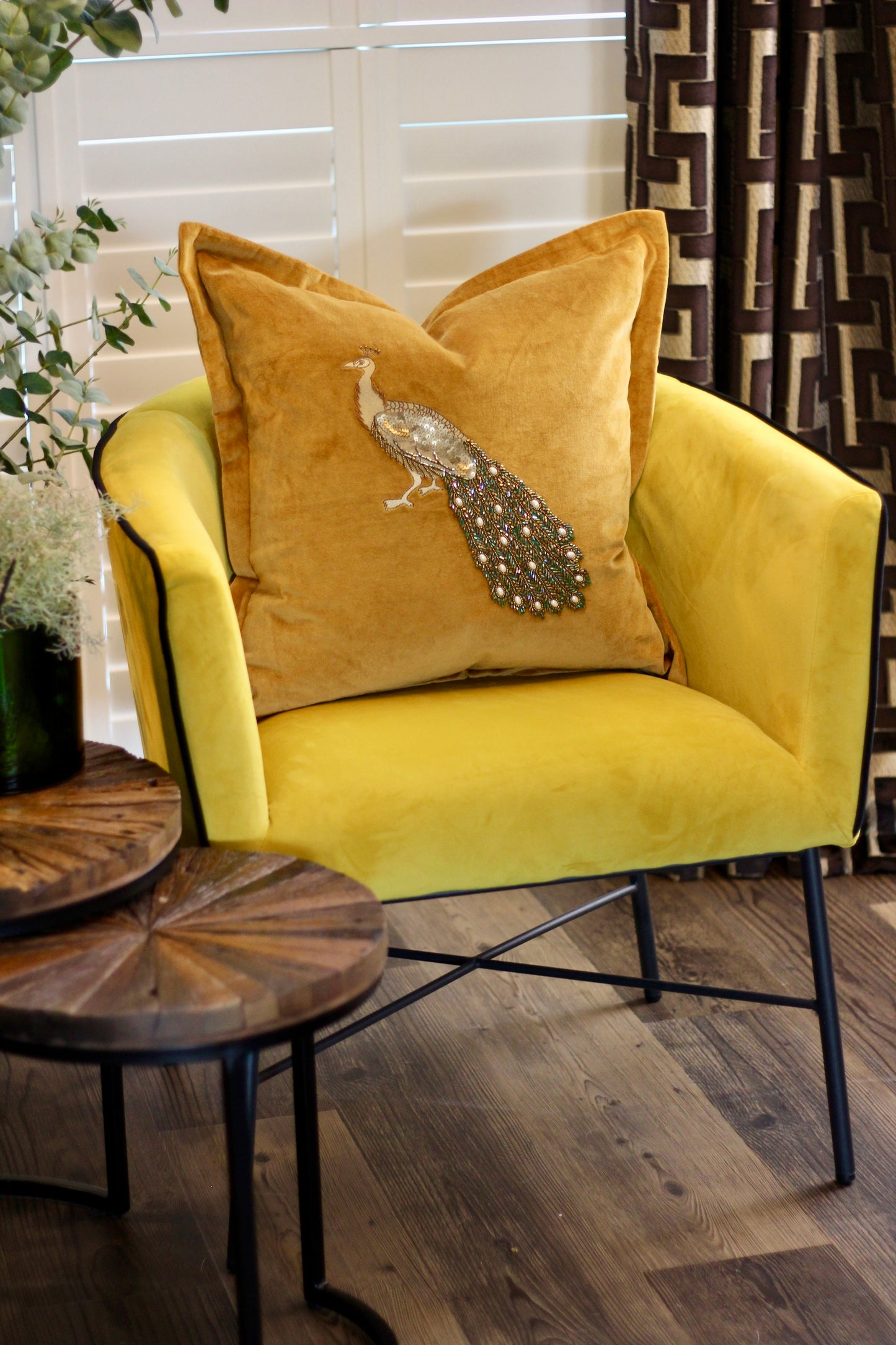 Luxe Peacock Embellished Cushion - Mustard