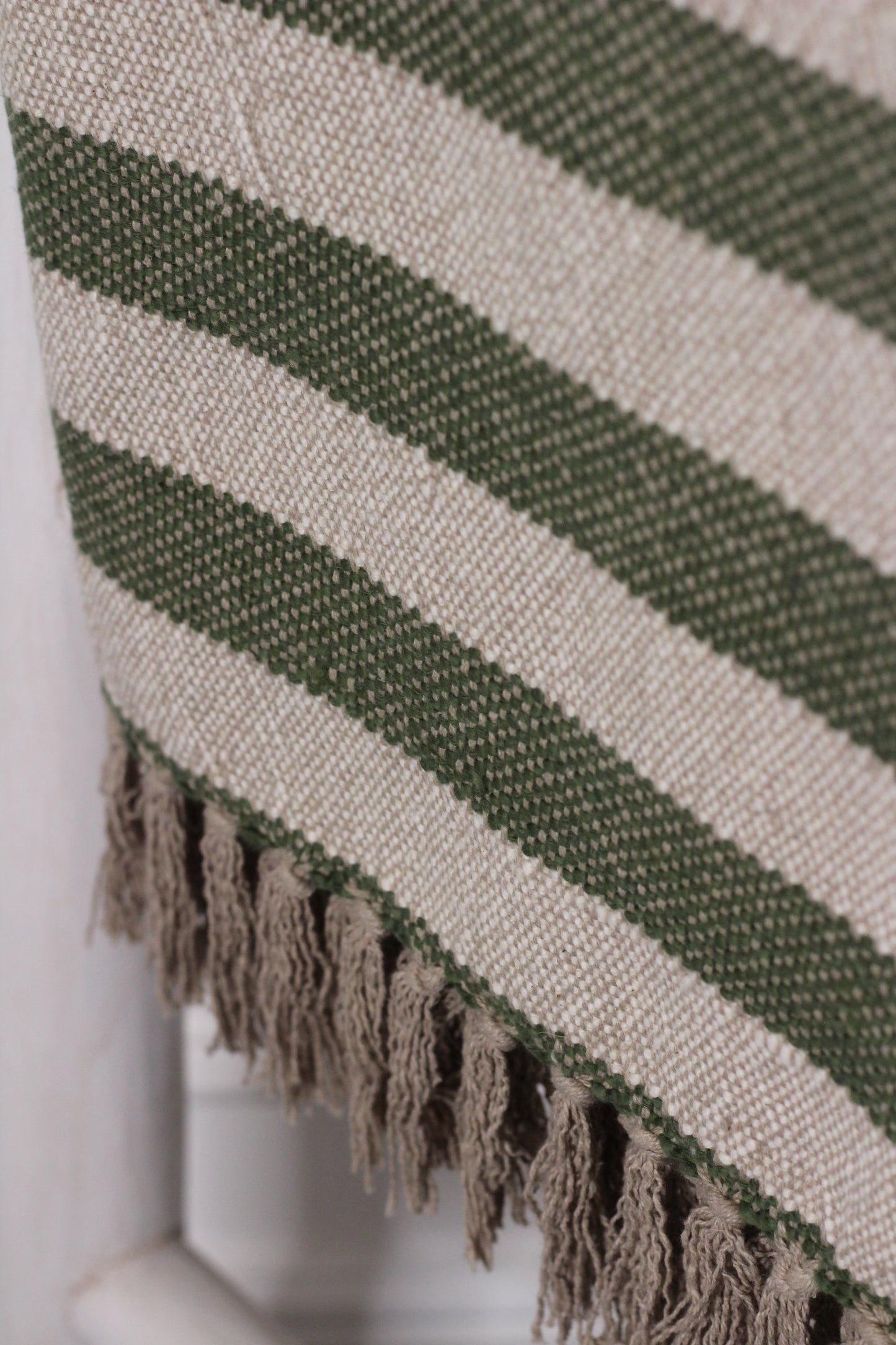 Moss Green Striped Throw With Tassels