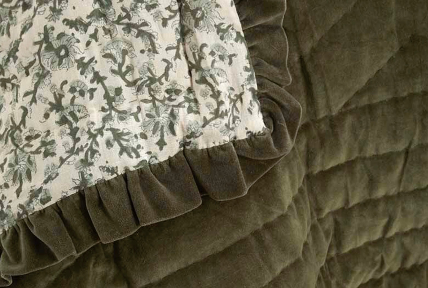 The Moorland Velvet Olive Ruffle Bedspread