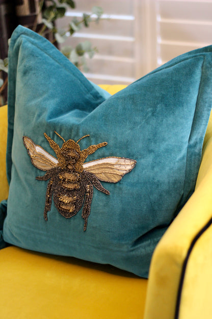 Luxe Bee Embellished Cushion – Teal detail – Leya Buster Interiors