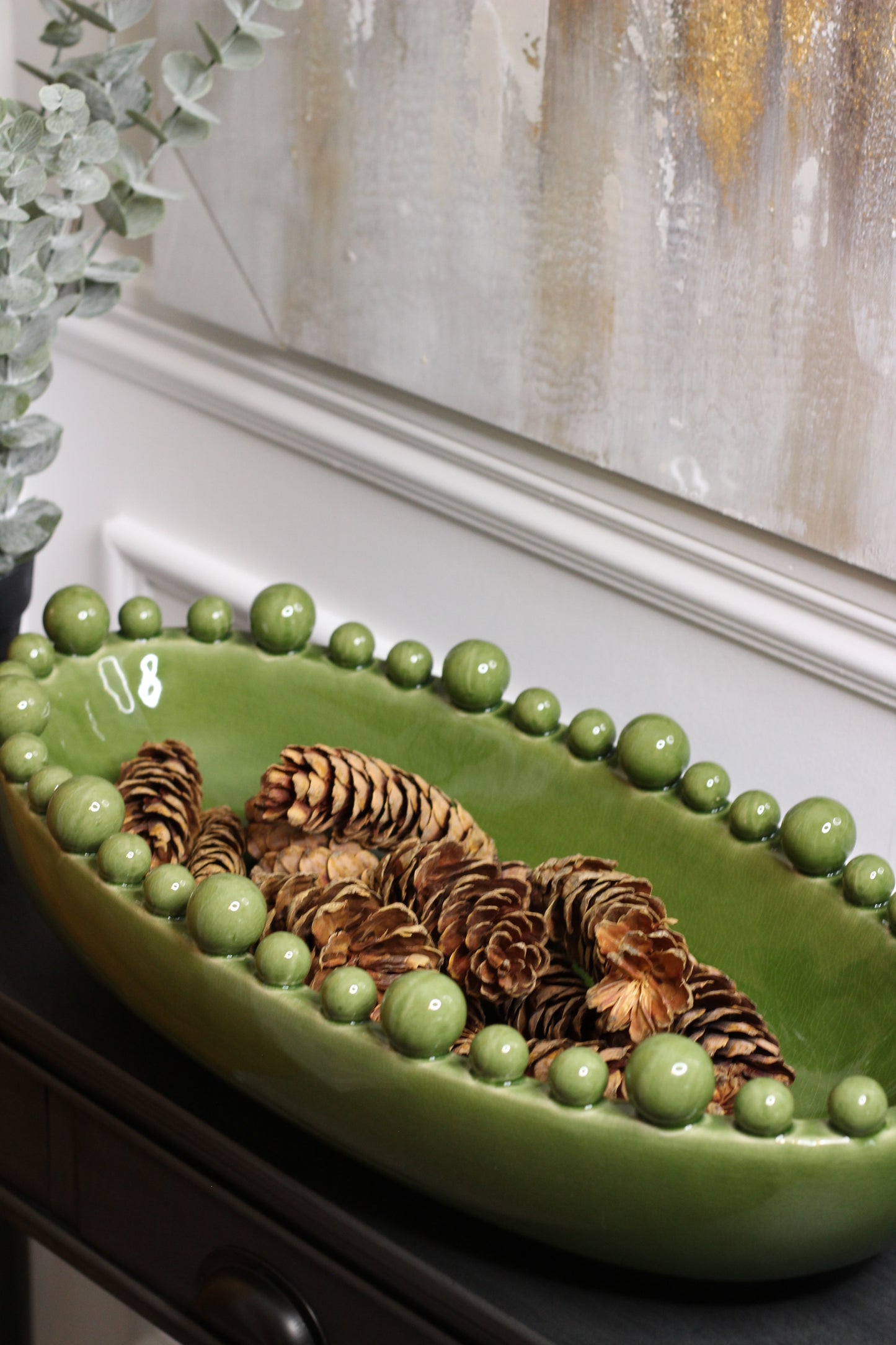 Green Oval Bowl With Bobbled Edge