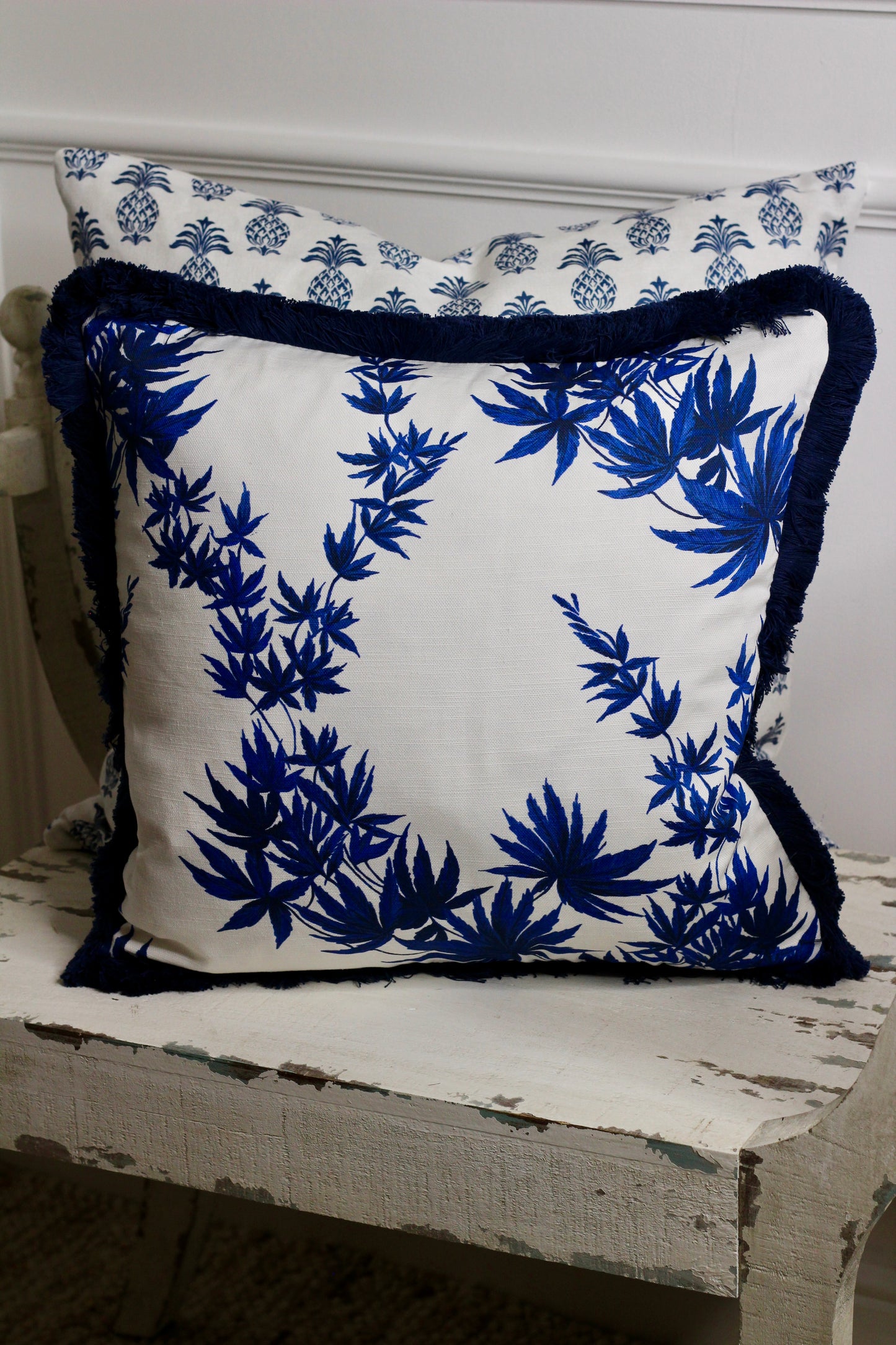 Fig Leaves Blue Fringed Cushion