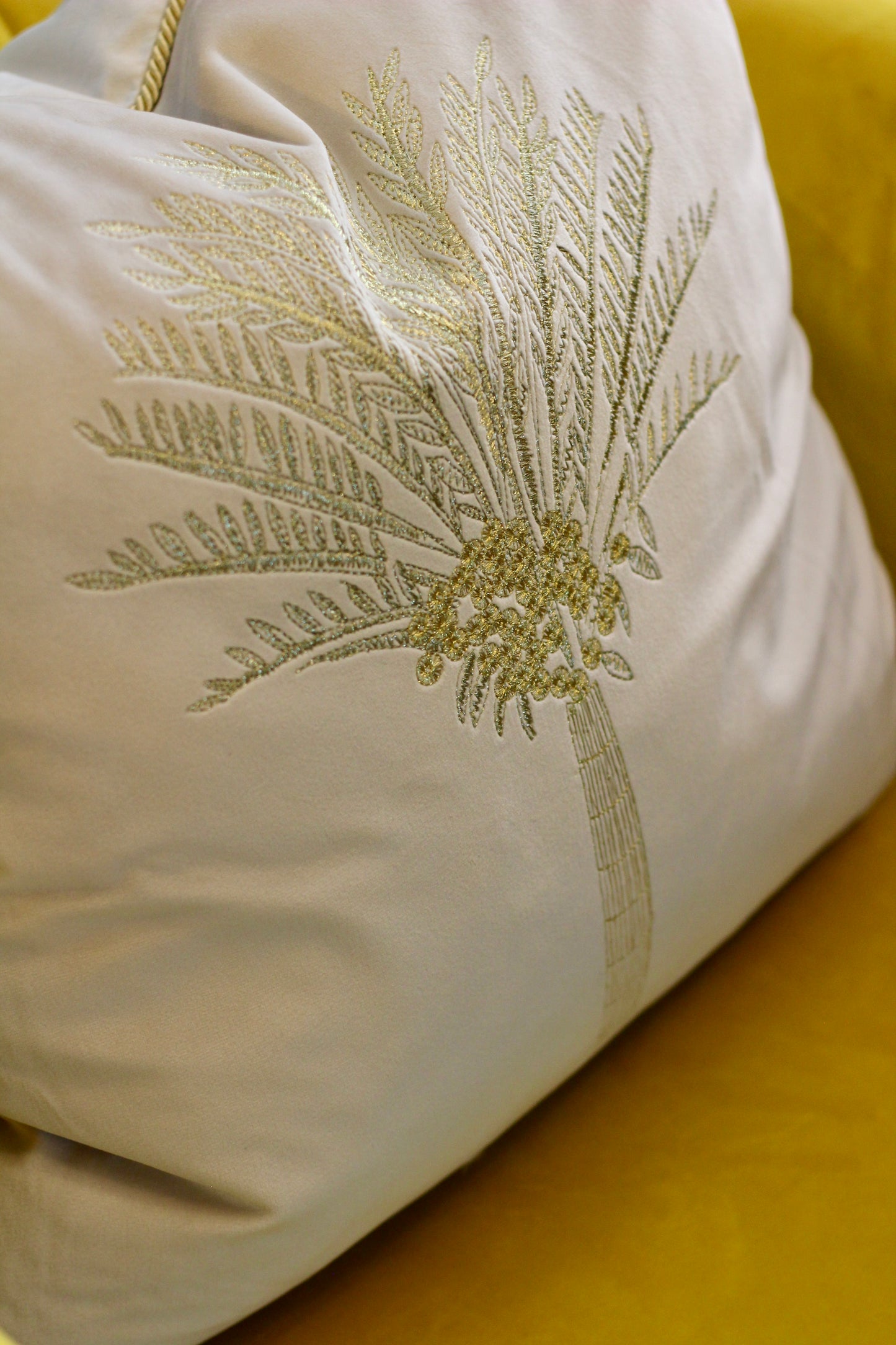 Oasis Palm Embroidered Velvet Cushion - Ivory