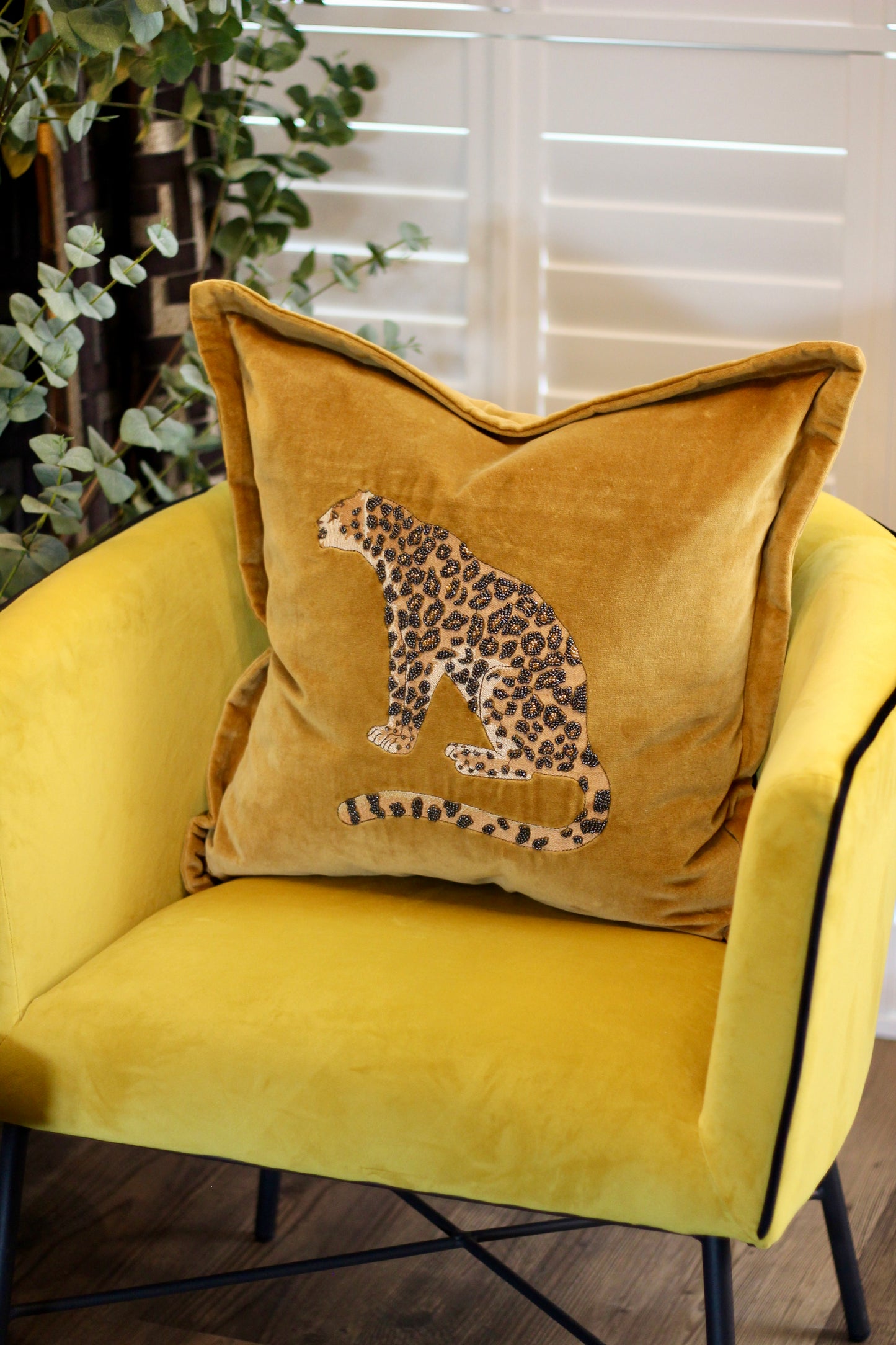 Luxe Leopard Embellished Cushion - Mustard