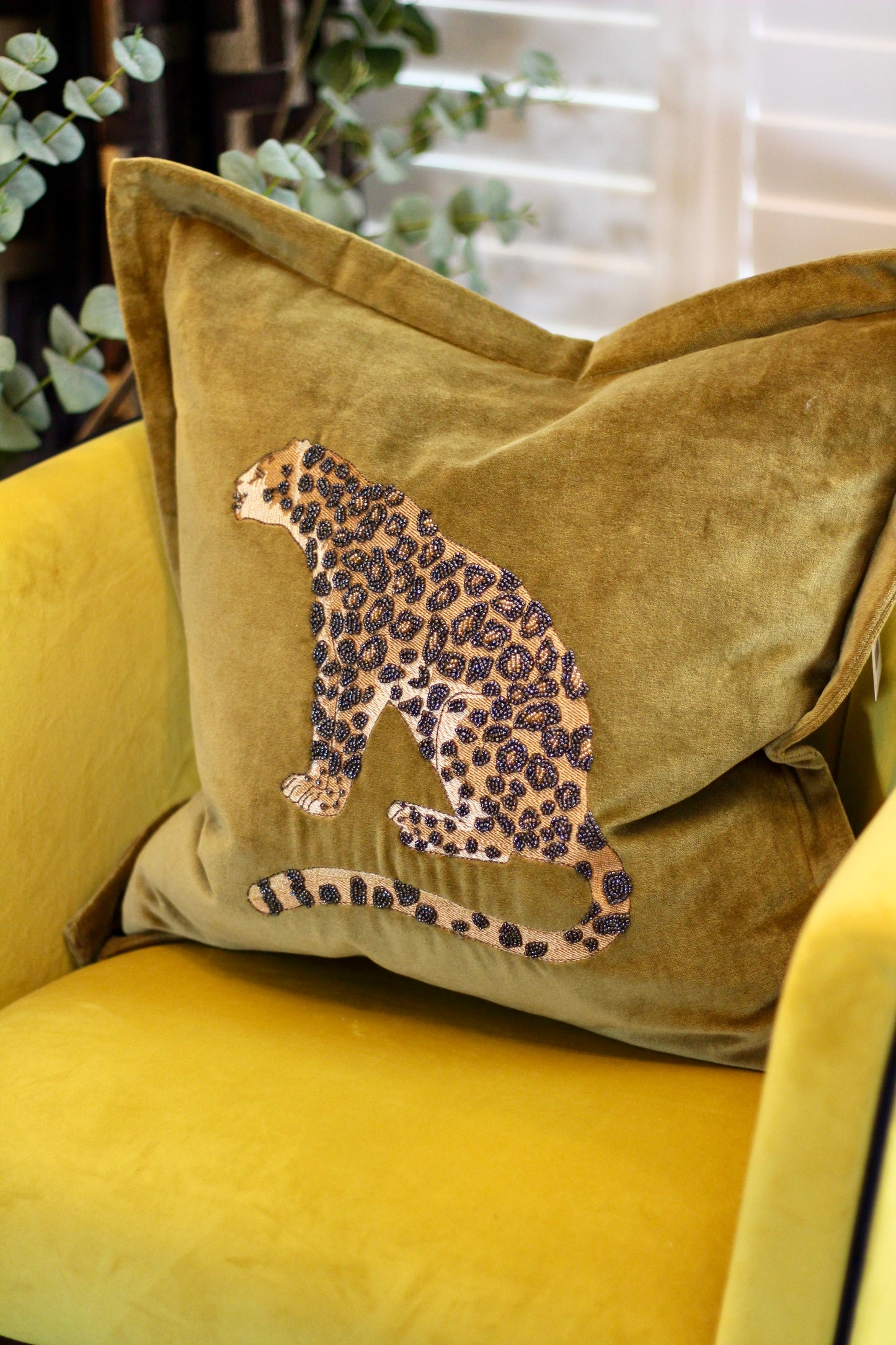 Luxe Leopard Embellished Cushion - Olive