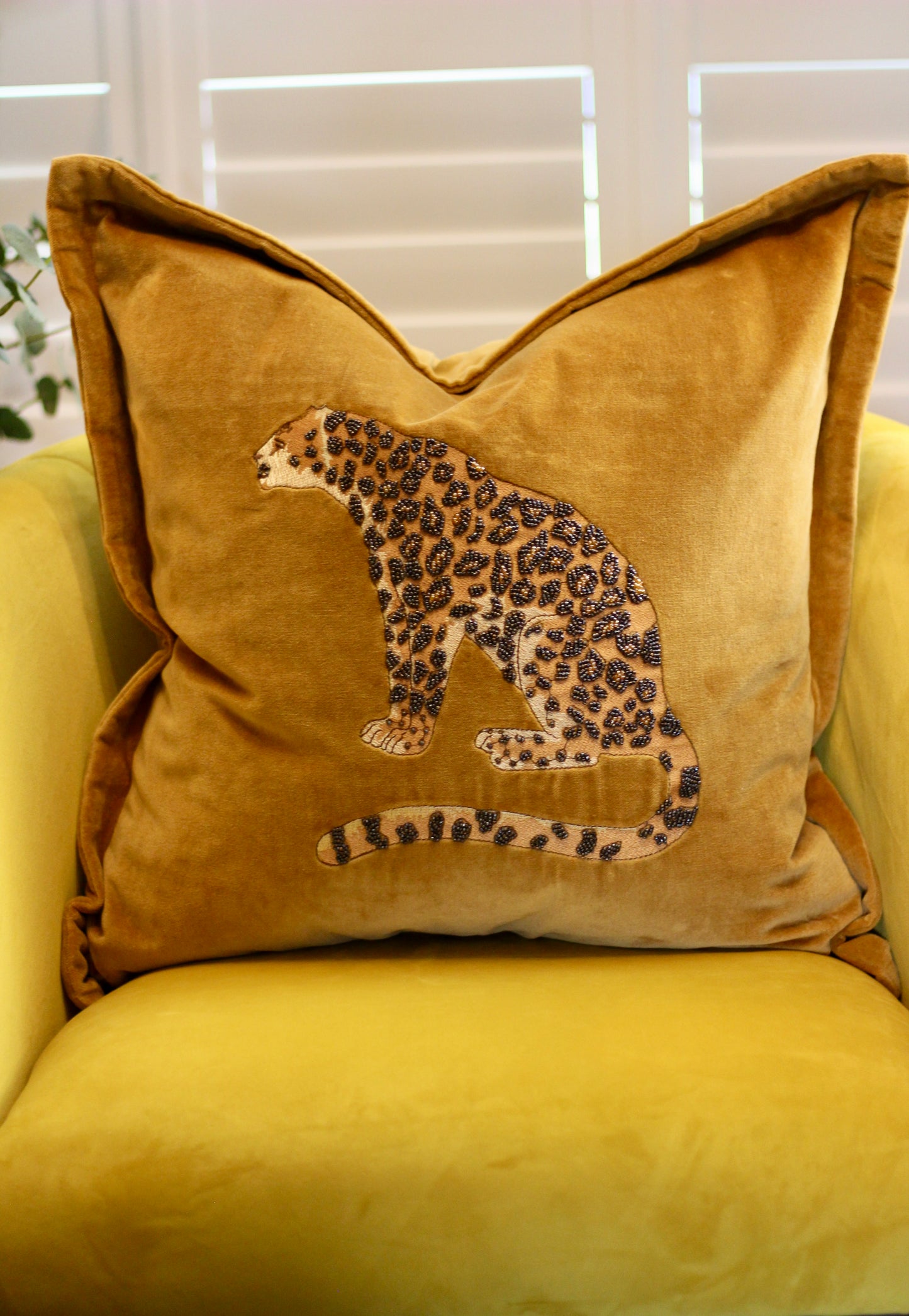 Luxe Leopard Embellished Cushion - Mustard