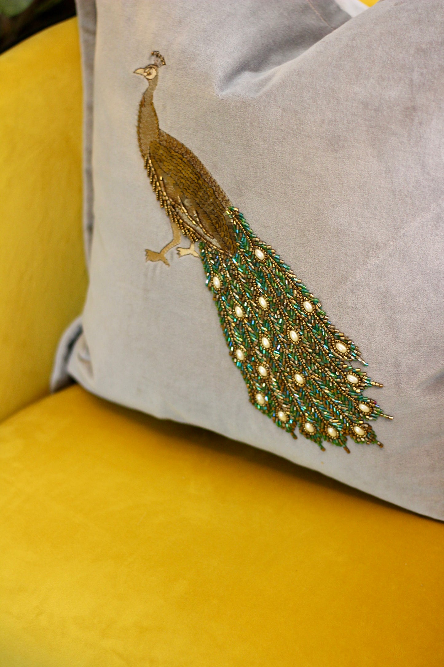 Luxe Peacock Embellished Cushion - Steel