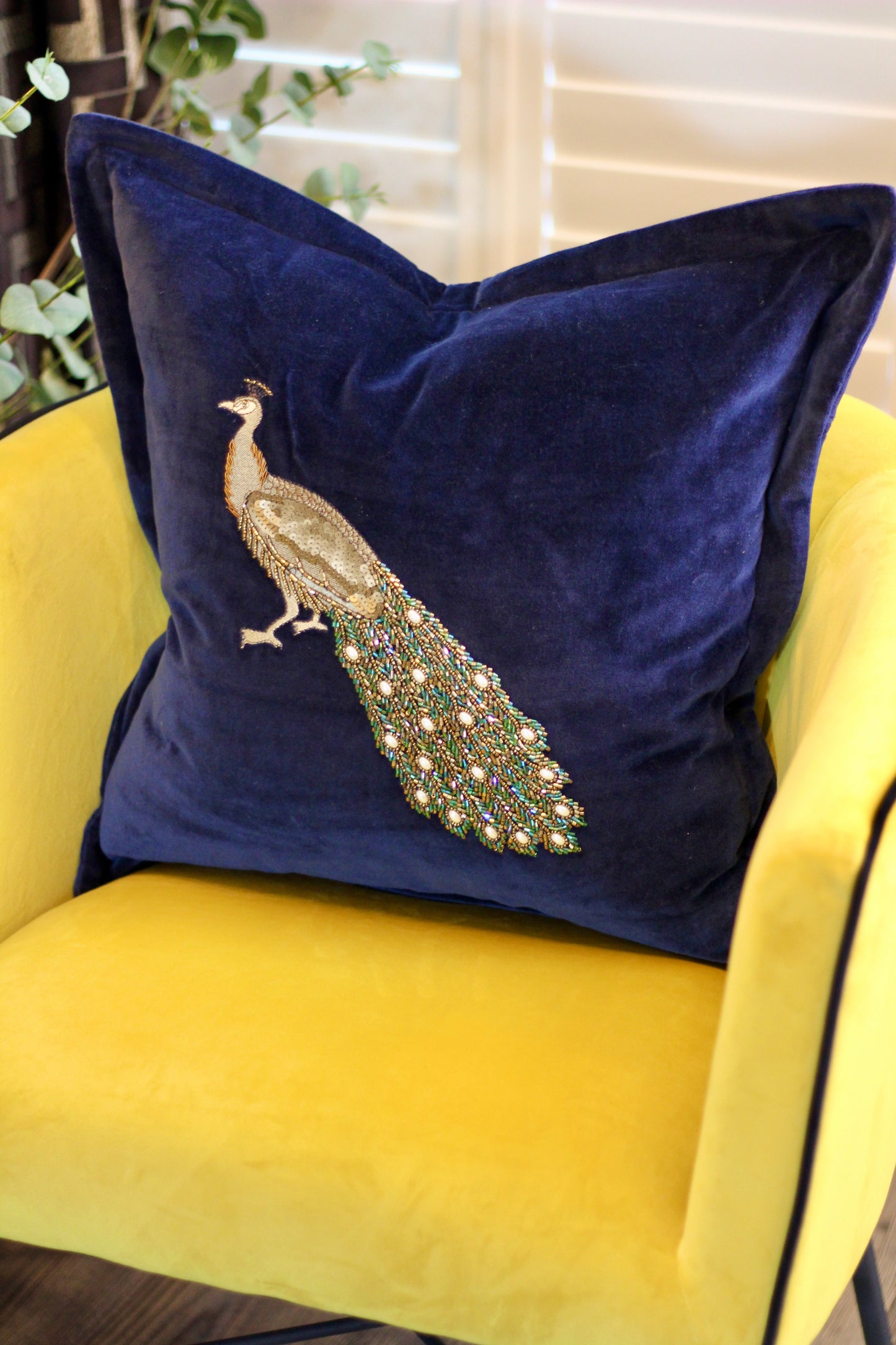 Luxe Peacock Embellished Cushion - Midnight