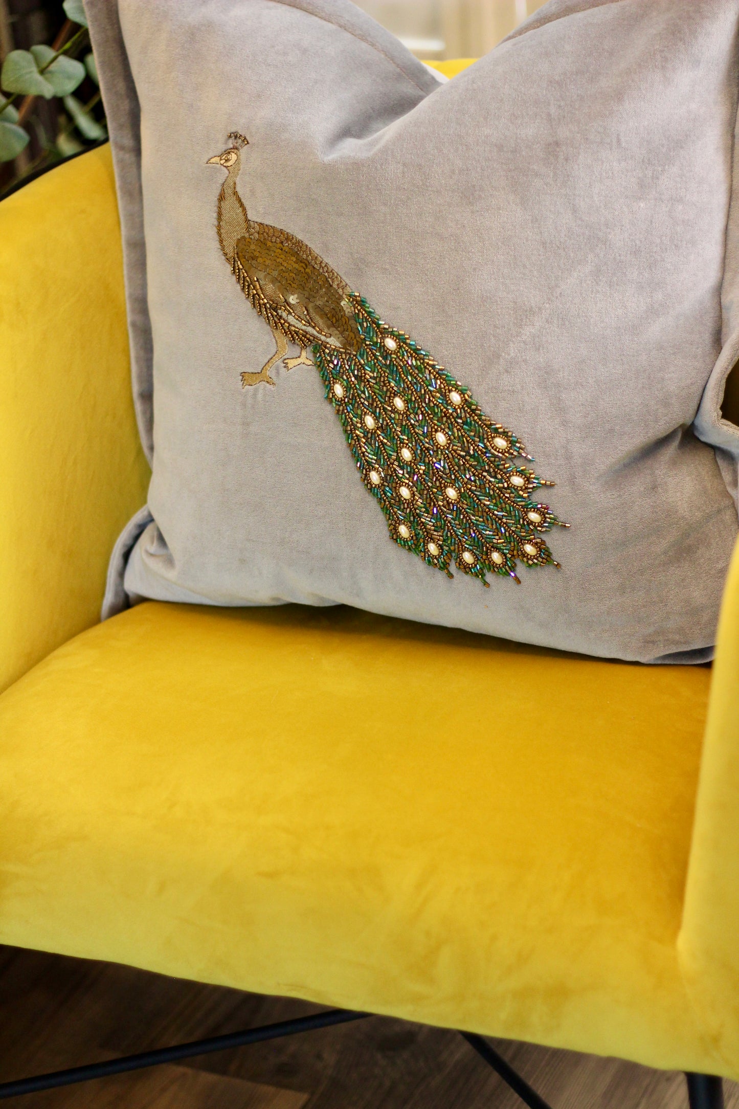 Luxe Peacock Embellished Cushion - Steel