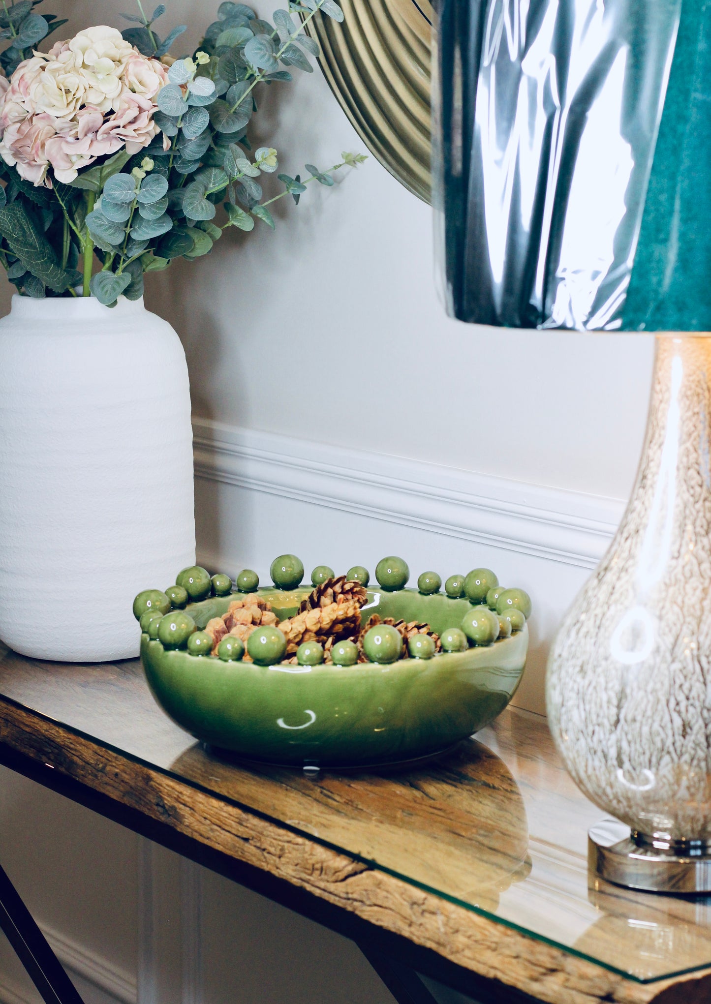 Pearly White Table Lamp Green Shade