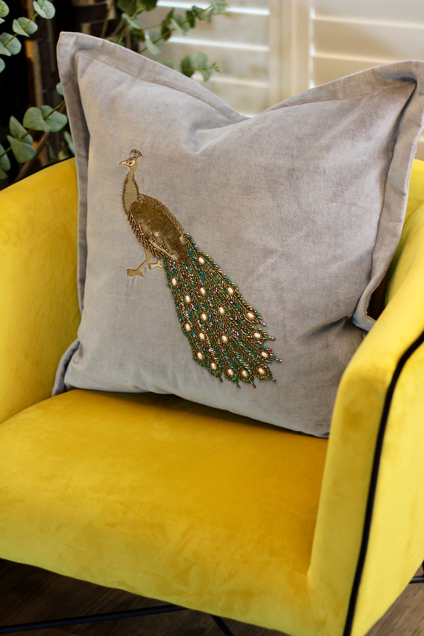 Luxe Peacock Embellished Cushion - Steel