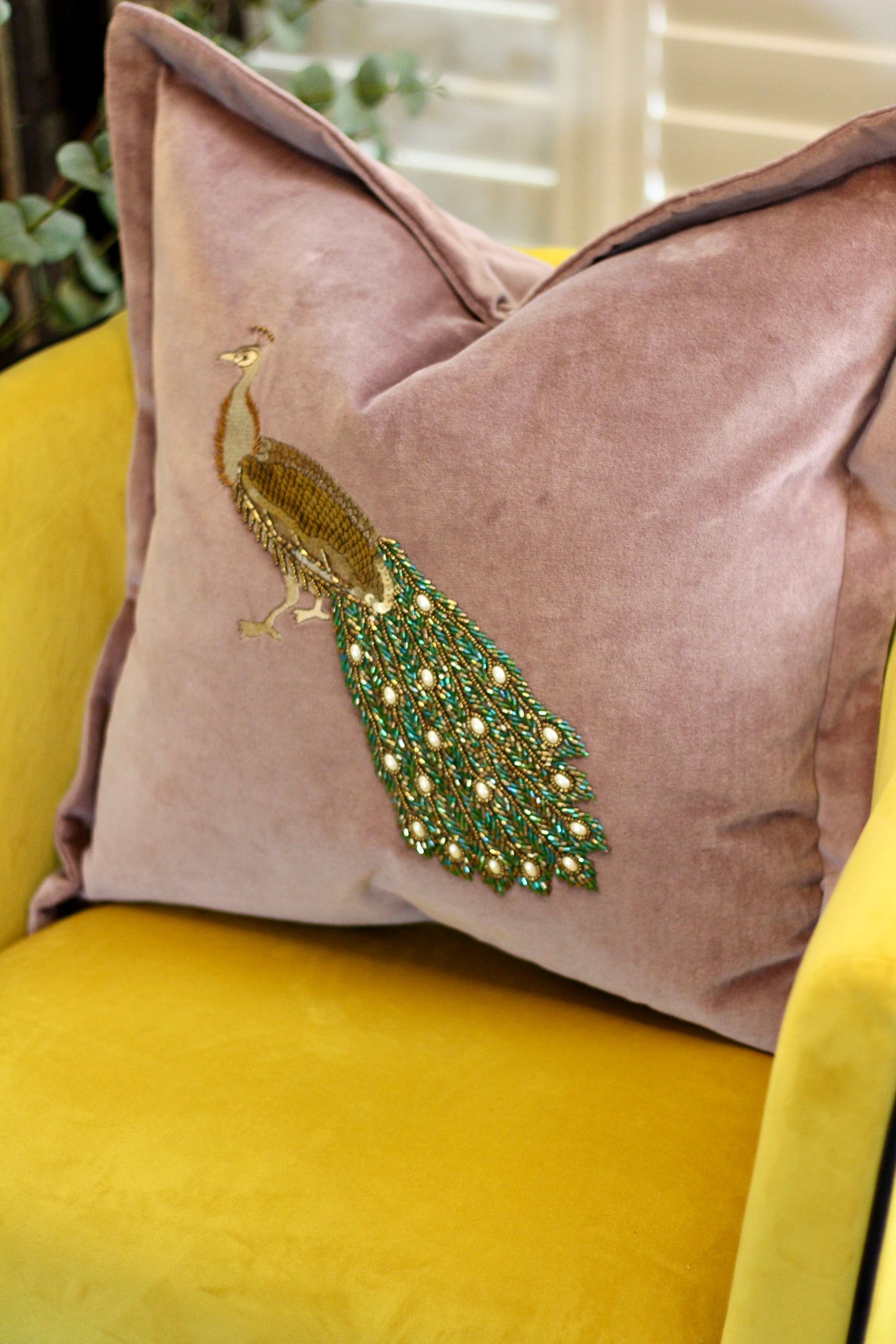 Luxe Peacock Embellished Cushion - Lavender