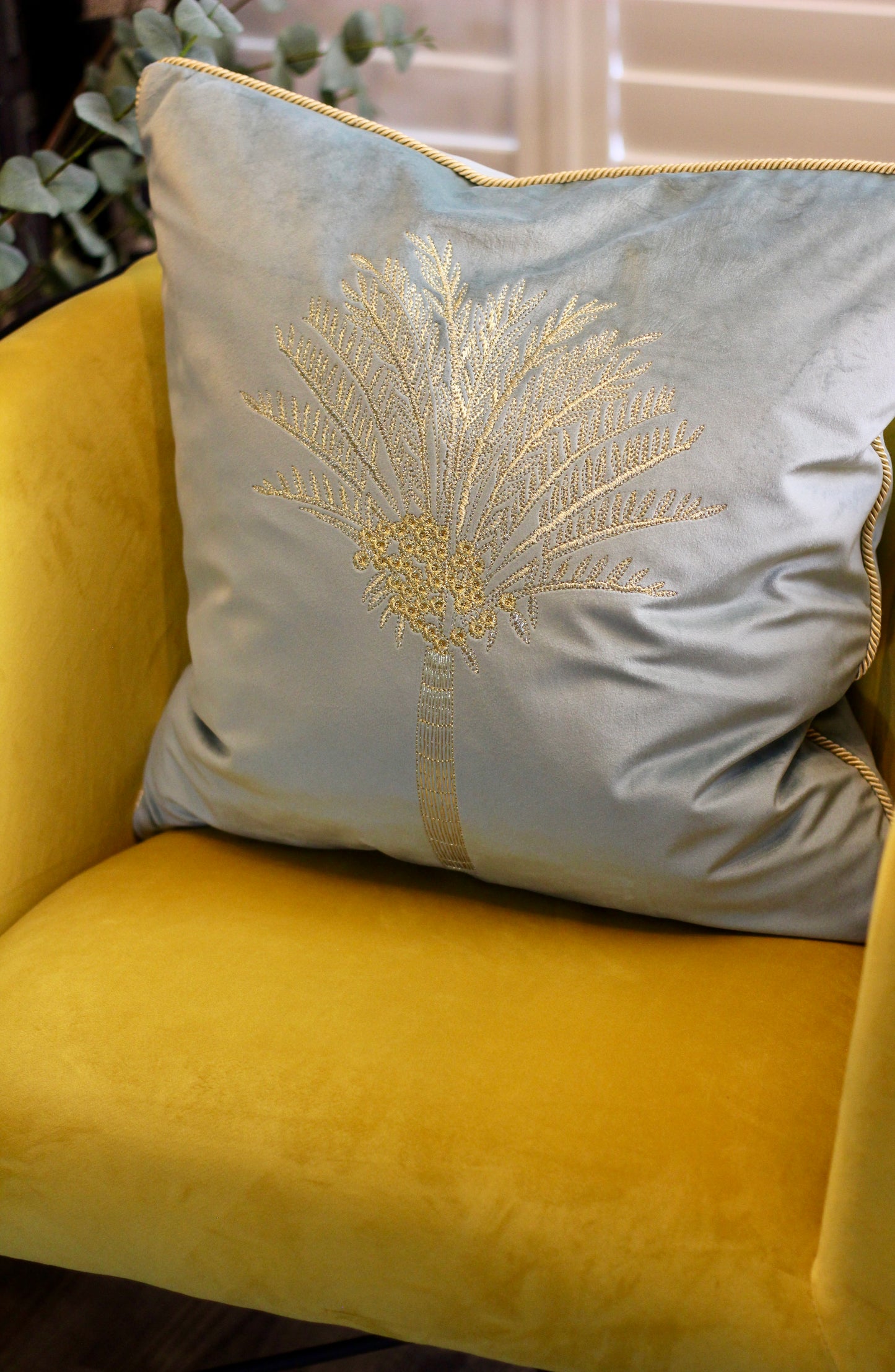 Oasis Palm Embroidered Velvet Cushion - Mineral