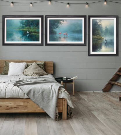 Misty Lake Great Egret – Black Hurstwood Frame styled view – Leya Buster Interiors