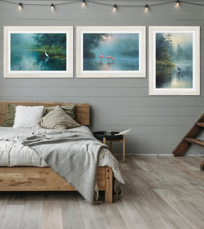 Misty Lake Flamingos – Cream Hurstwood Frame styled view – Leya Buster Interiors
