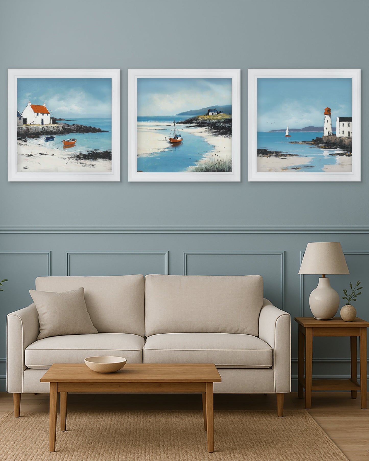 The Coastal House – White Hurstwood Square Frame styled view – Leya Buster Interiors