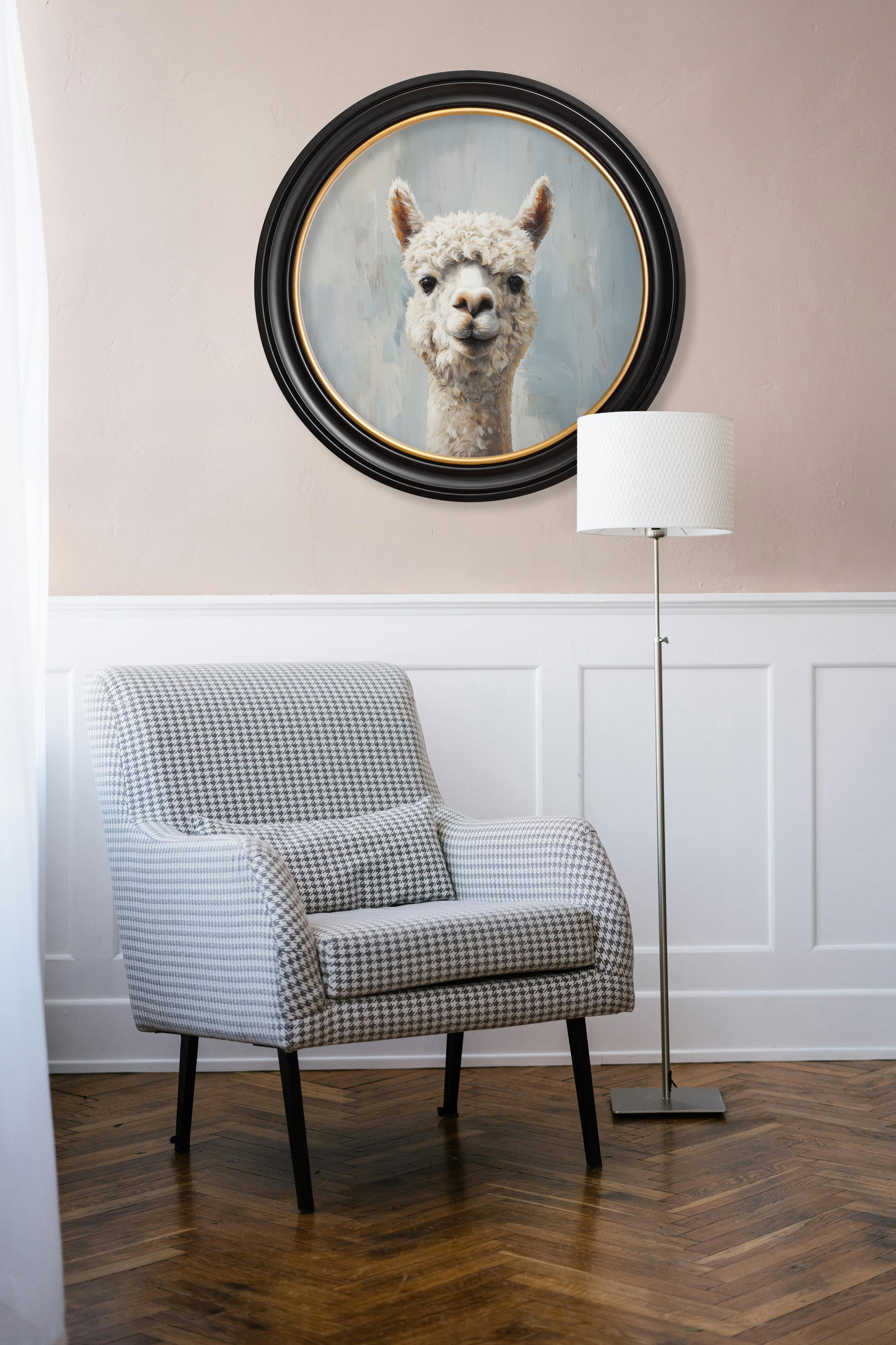 The Goofy Alpaca – Oxford Round Frame – framed wall art at Leya Buster Interiors