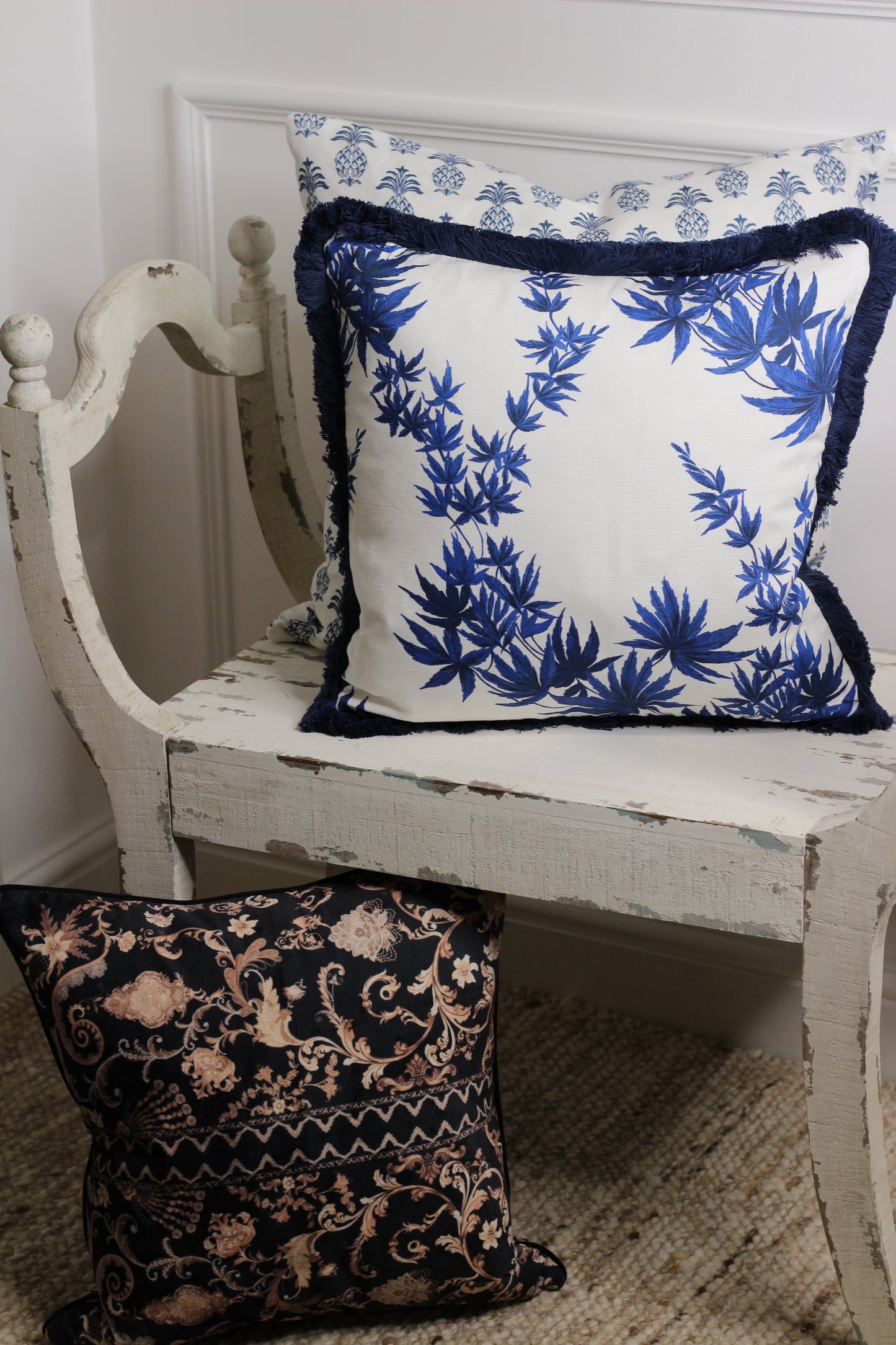 Fig Leaves Blue Fringed Cushion