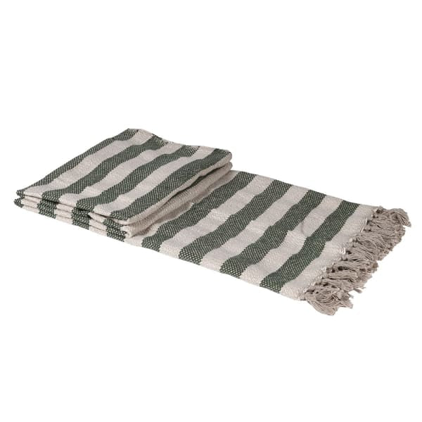 Moss Green Striped Throw With Tassels