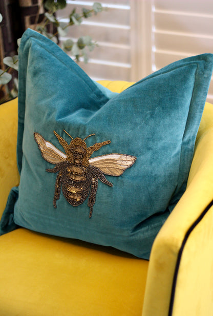 Luxe Bee Embellished Cushion – Teal styled view – Leya Buster Interiors