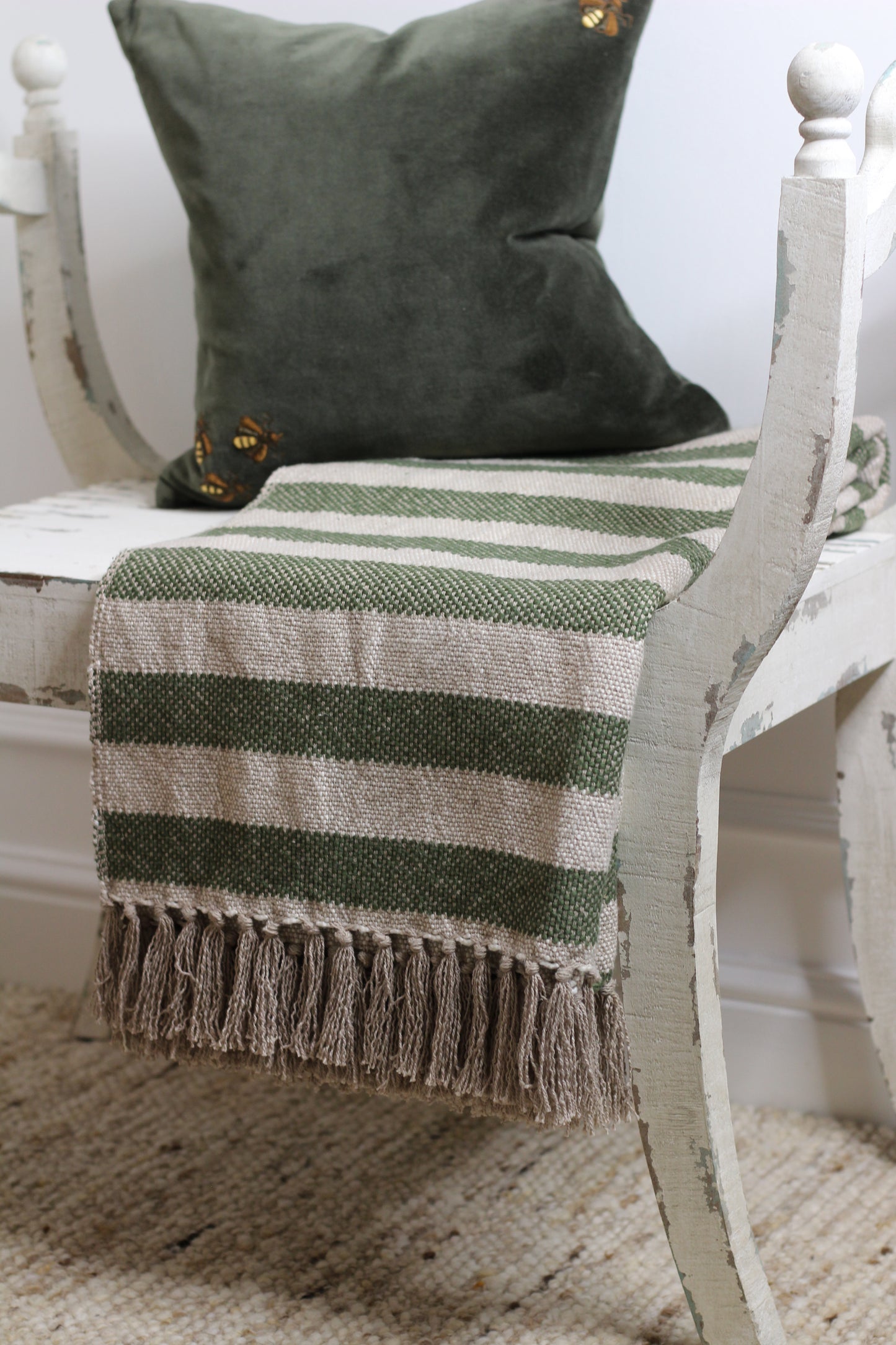 Moss Green Striped Throw With Tassels