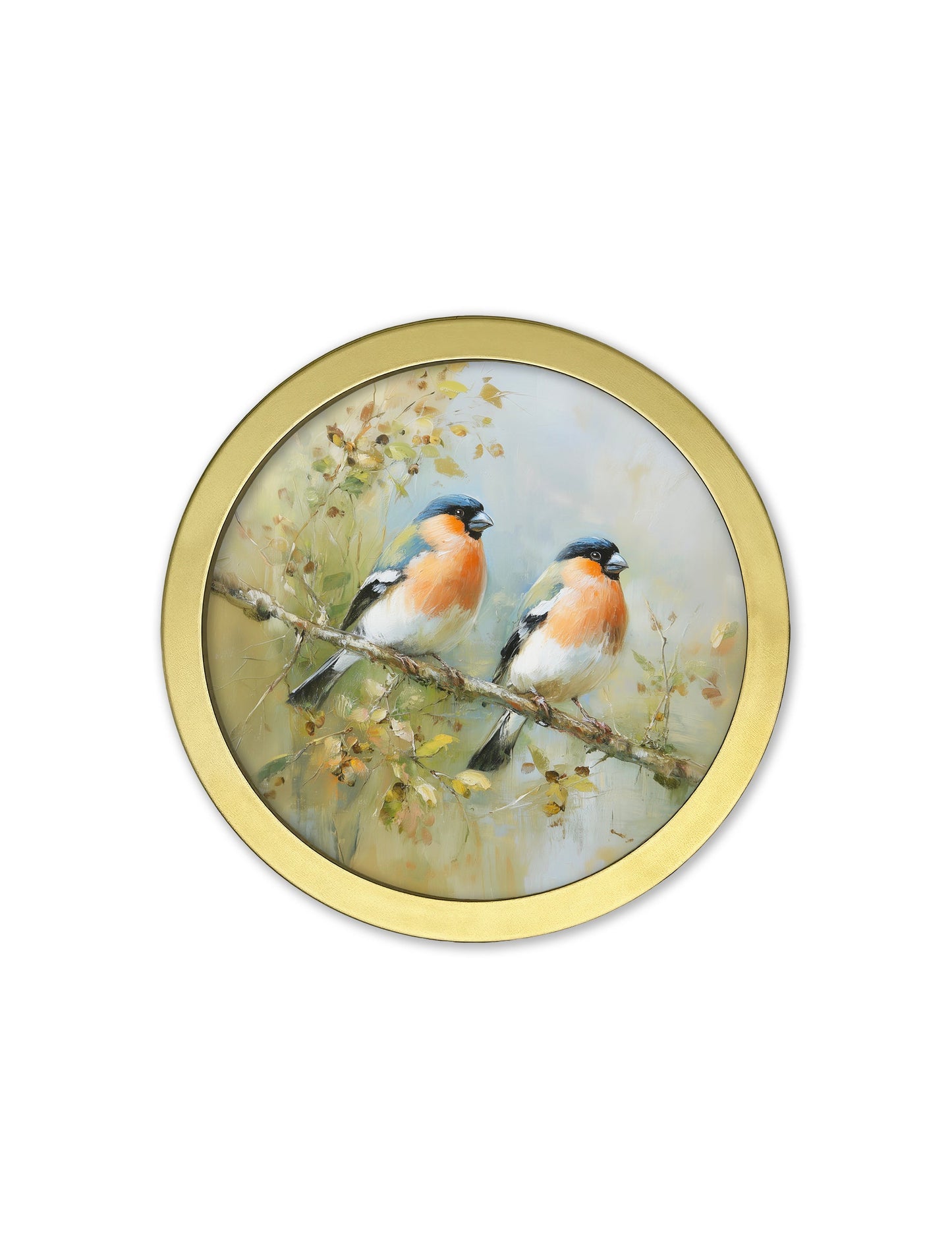 Garden Birds – 30cm Gold Round Box Frame styled view – Leya Buster Interiors