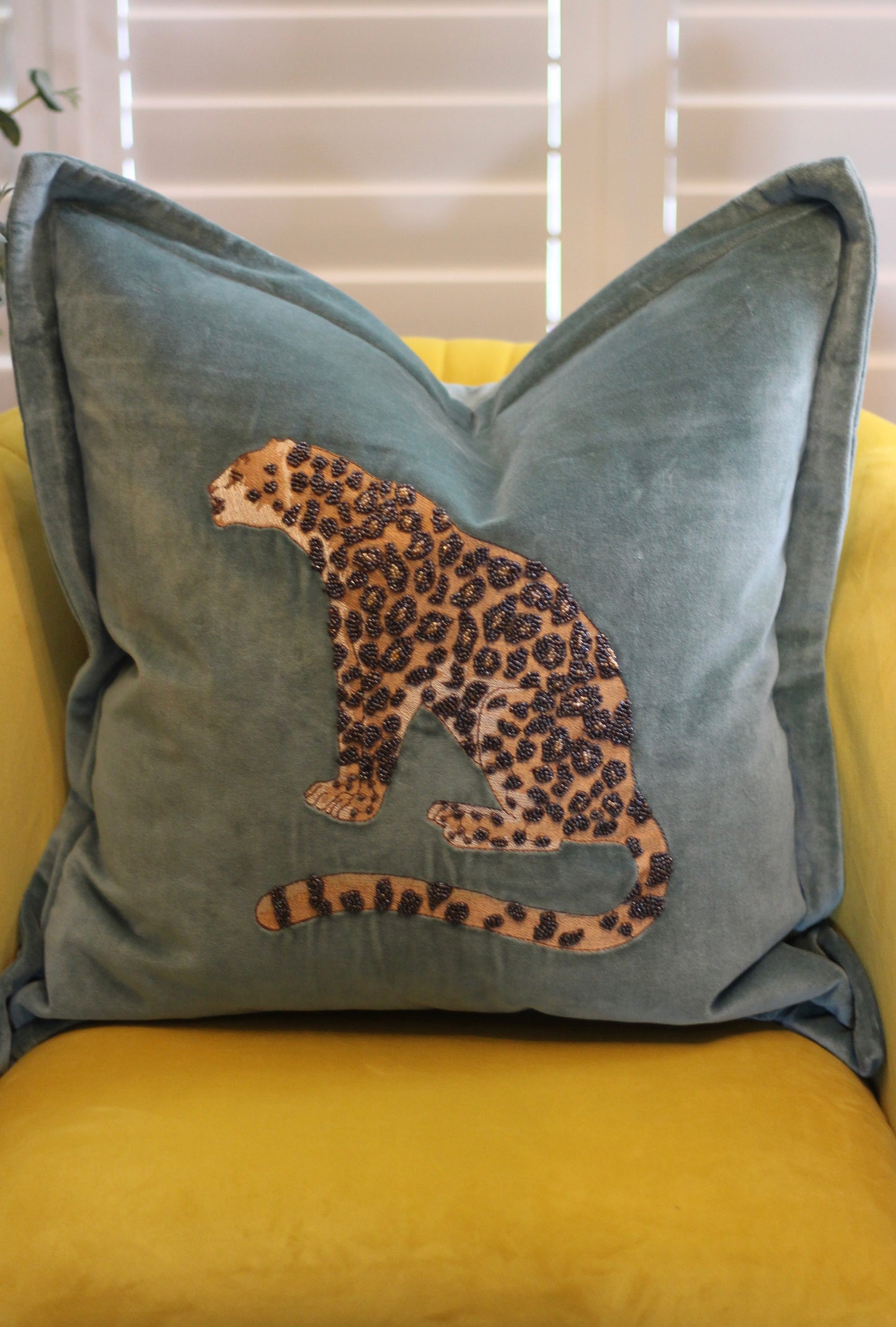 Luxe Leopard Embellished Cushion - Aqua