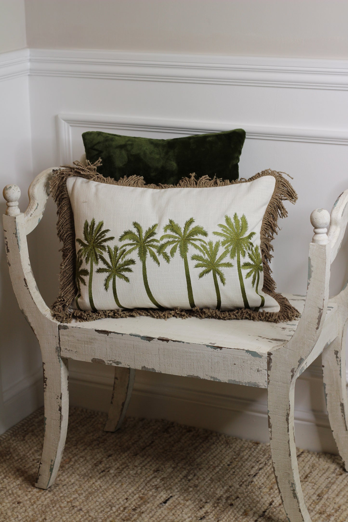 Moss Green Palm Tree Tassel Cushion