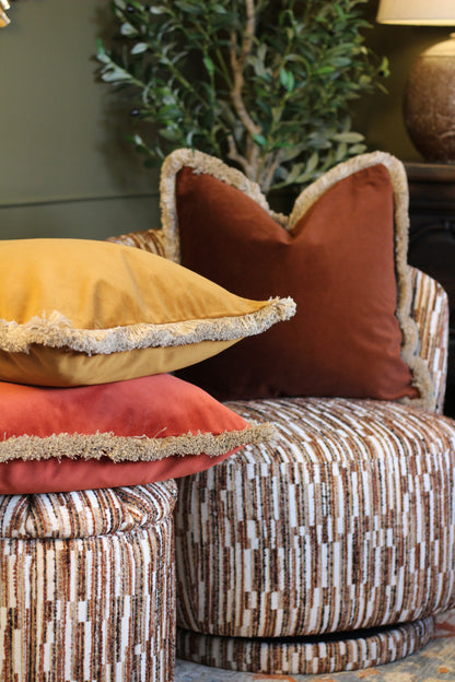 Langford Claret fringed velvet cushion in a deep claret tone, 55 x 55cm