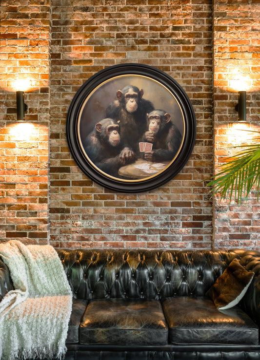 The Card-Playing Chimps -  Oxford Round Frame