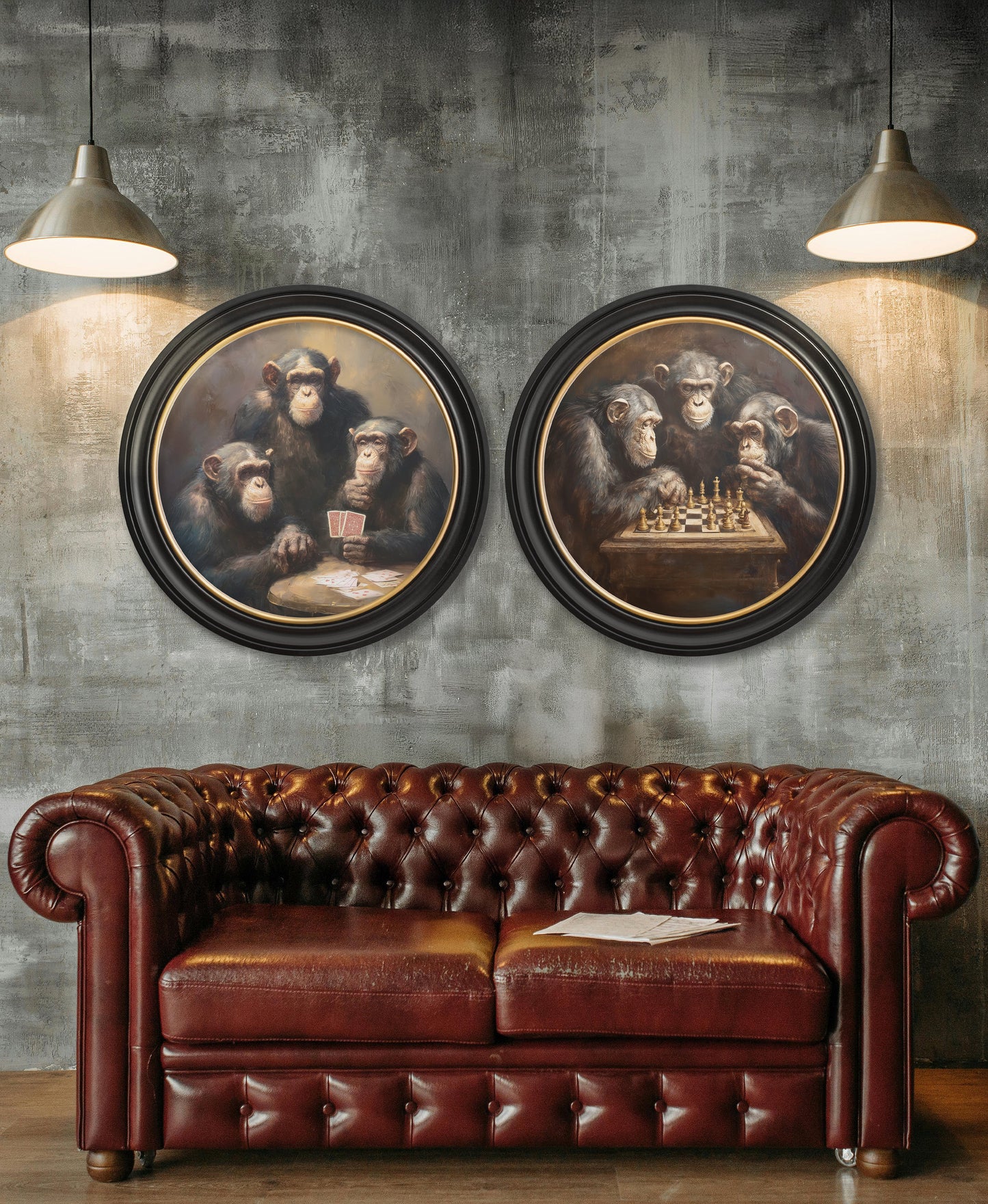 The Chess – Playing Chimps – Oxford Round Frame styled view – Leya Buster Interiors