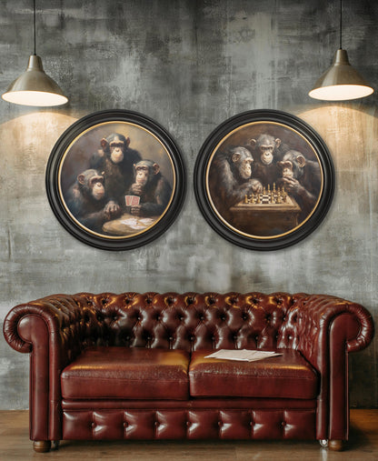 The Chess – Playing Chimps – Oxford Round Frame styled view – Leya Buster Interiors