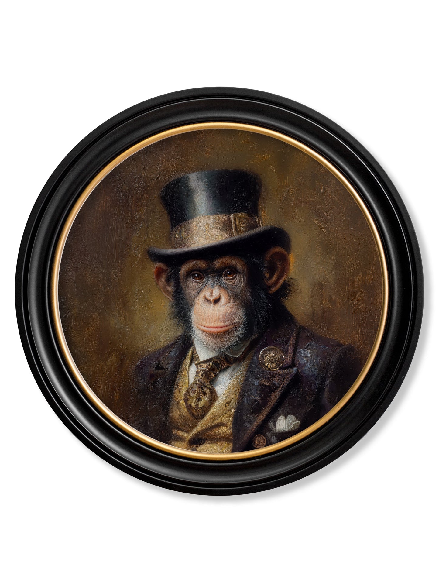 Sir Bananington – Gentleman Chimpanzee Oxford Round Frame detail – Leya Buster Interiors